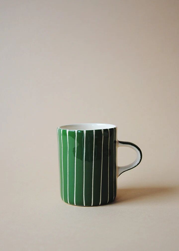 Green Sgraffito Striped Mug - Handmade Portuguese Ceramic
