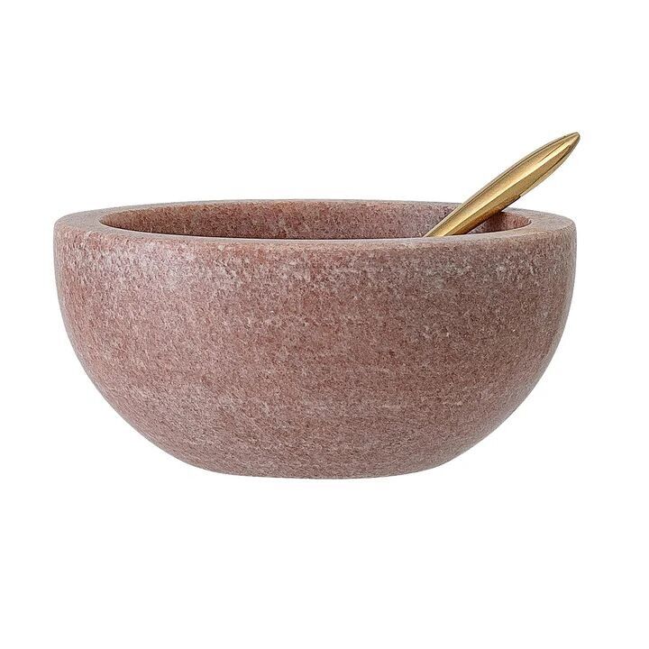 Pink Marble Condiment Bowl and Spoon - Brass Accent