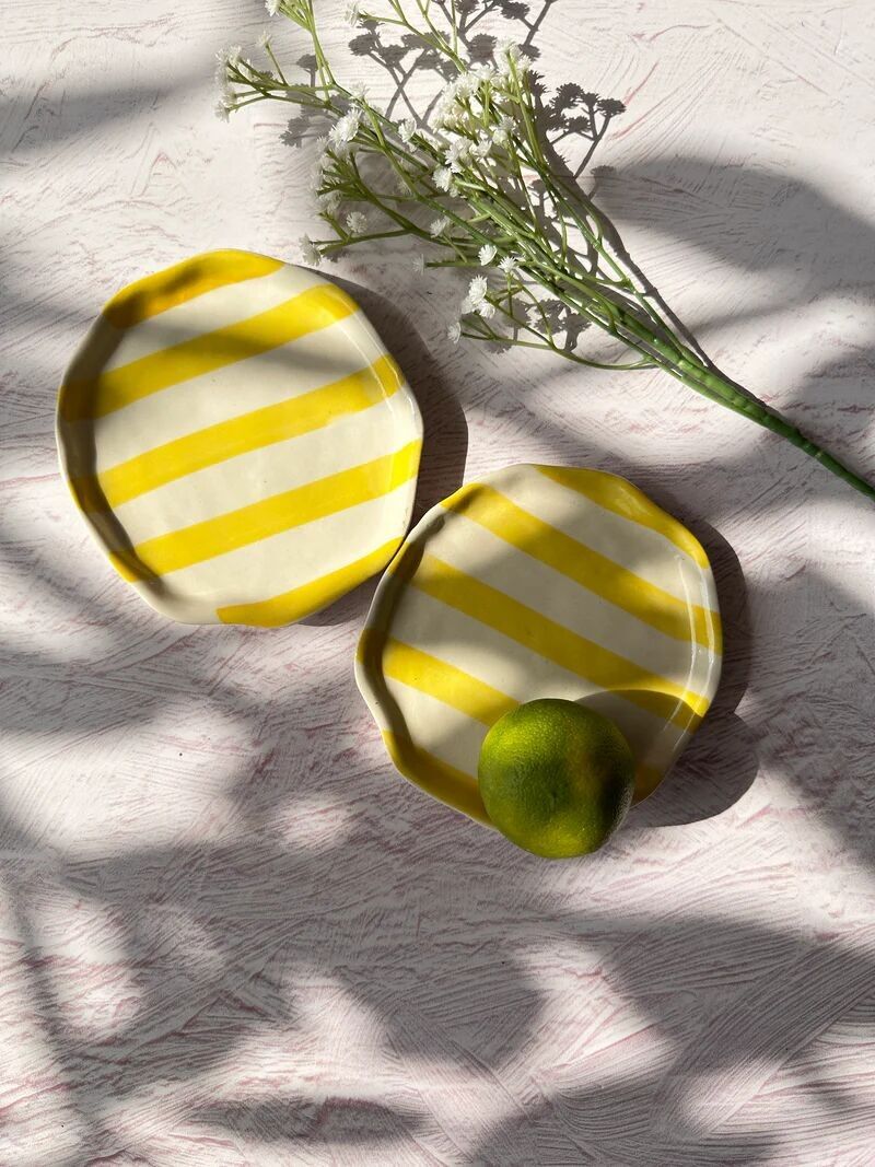 Ceramic Yellow Stripe Plates - Handmade Set of 4 (6.3x6.3 Inches)