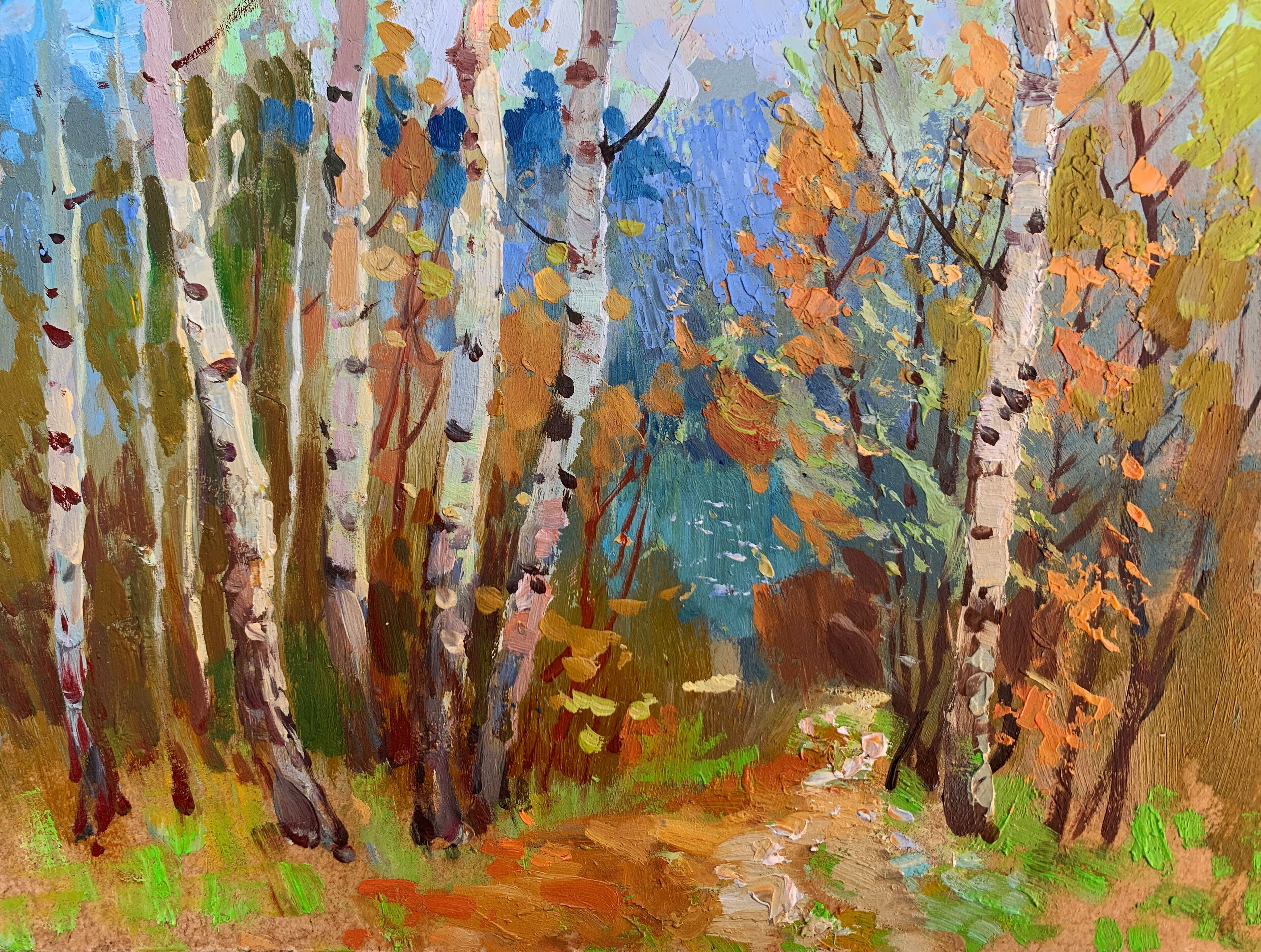 Pintura al óleo Bosque de abedules otoñales de Yuriy Suprunchuk 15x19cm