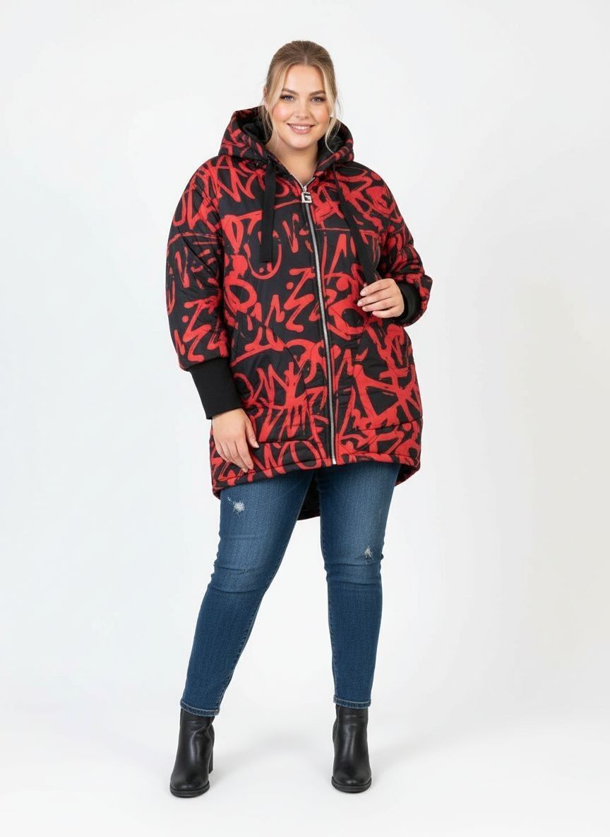 Rote Daunenjacke mit Aufdruck in Übergröße (C6628)