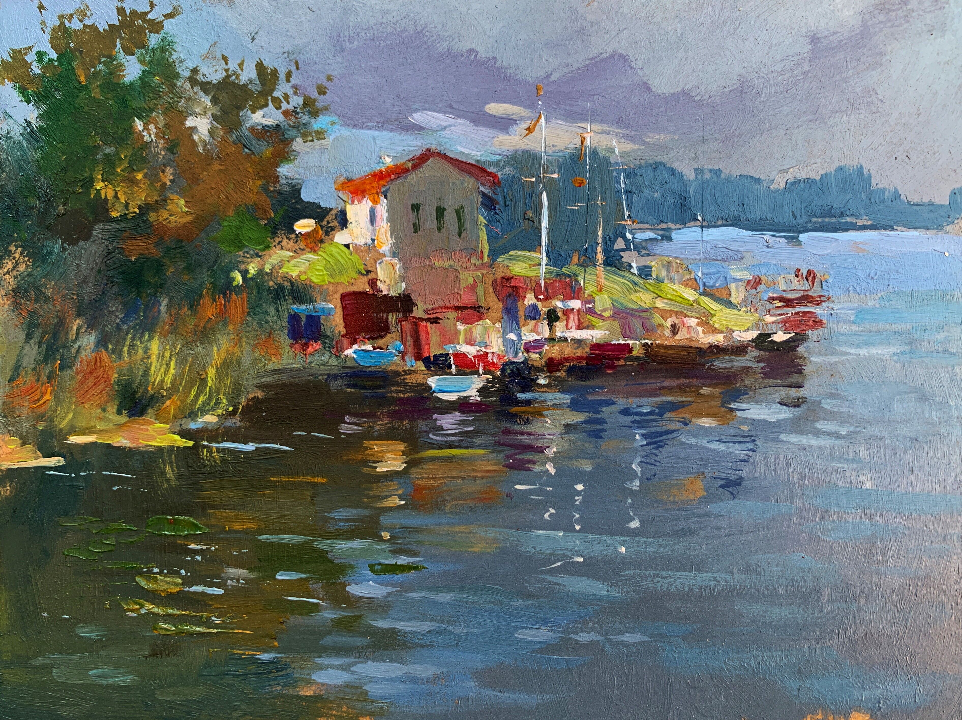 Pintura al óleo Puerto para barcos y yates Yuriy Suprunchuk 15x19cm