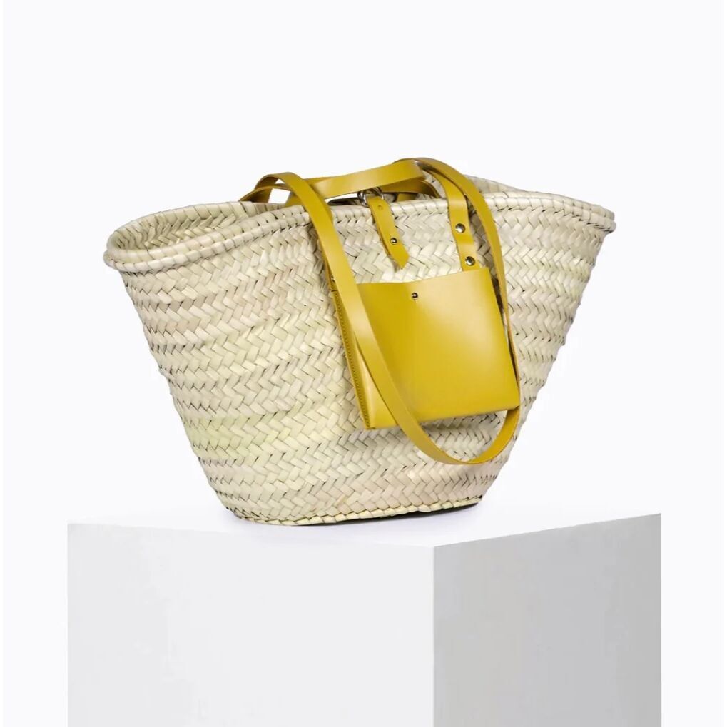 Sonnenblumenkorb – Handgewebte Tragetasche aus Doumpalmen mit gelbem Leder