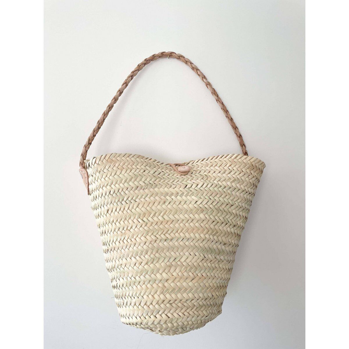 Handwoven Wicker Basket with Braided Leather Handle and Butt