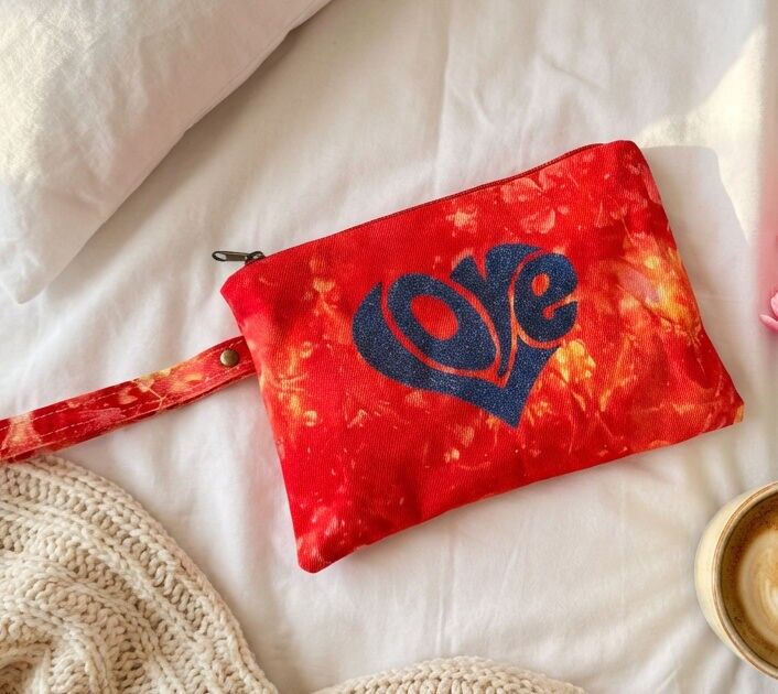 Handmade red denim clutch, tie dyed cotton bag, LOVE heart embroidery