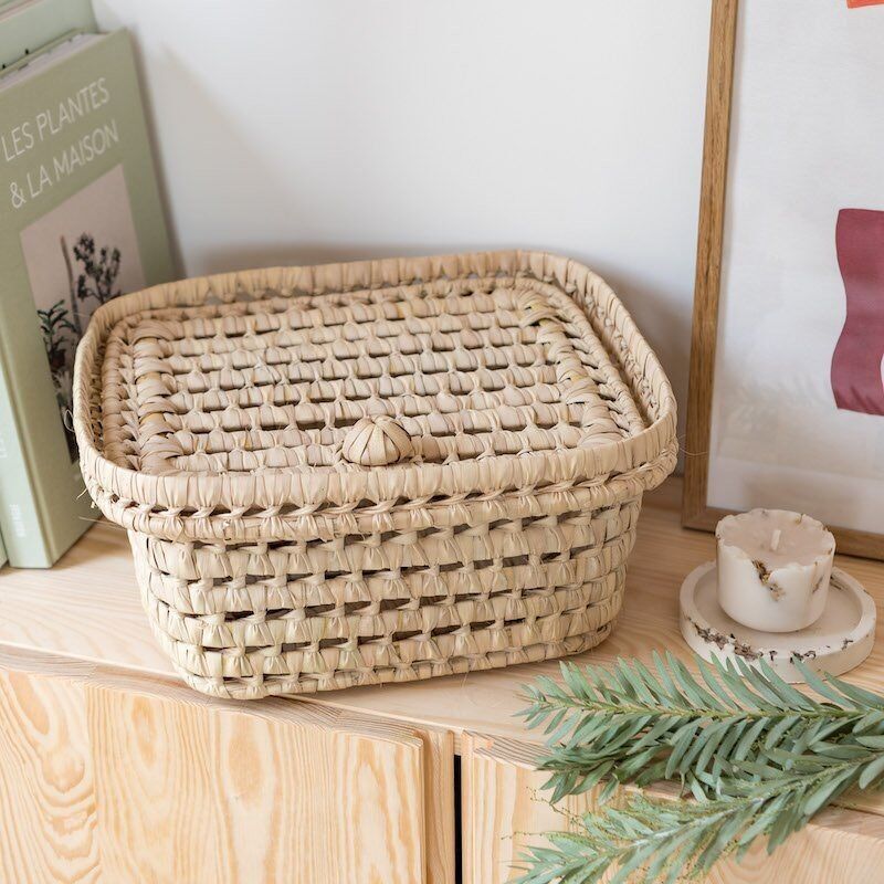 Handwoven Palm Leaf Storage Box with Lid – Moroccan Artisan