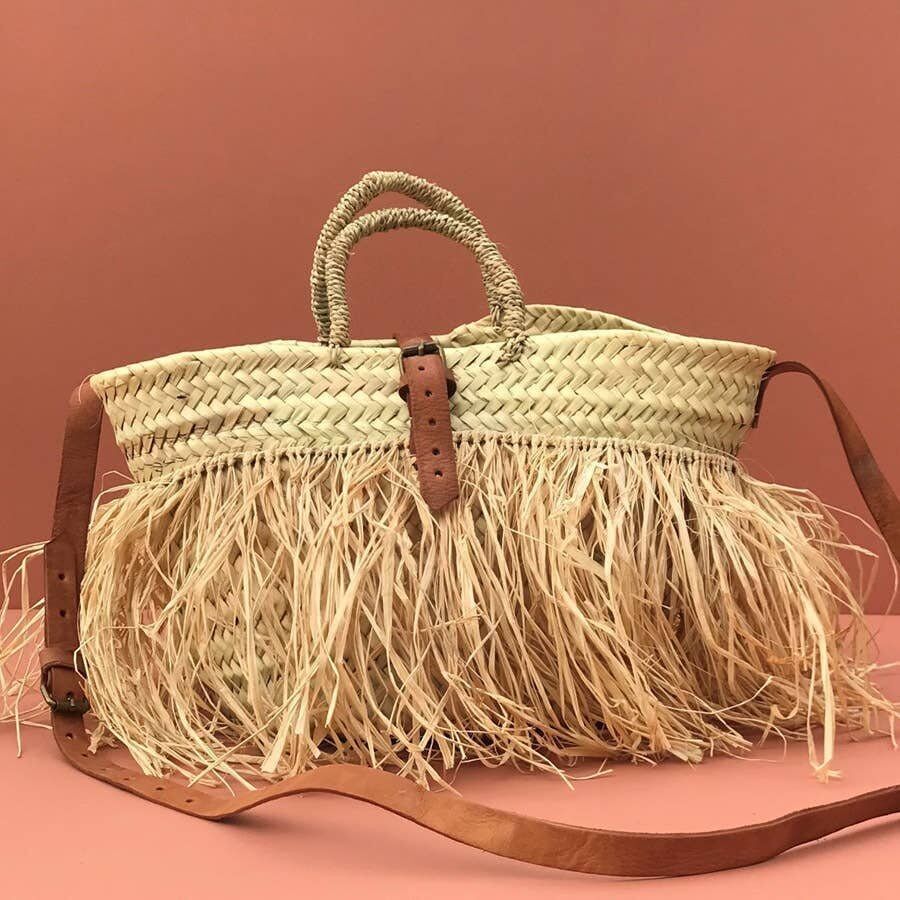 Handmade Doum and Raffia Basket Bag with Camel Leather Strap