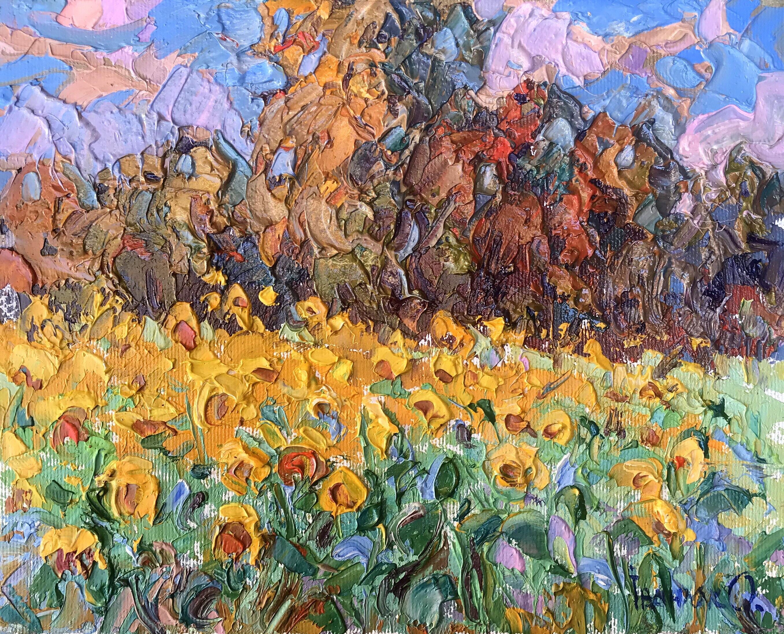 Dipinto ad olio Campo di girasoli Oleksiy Ivanyuk 20x25cm