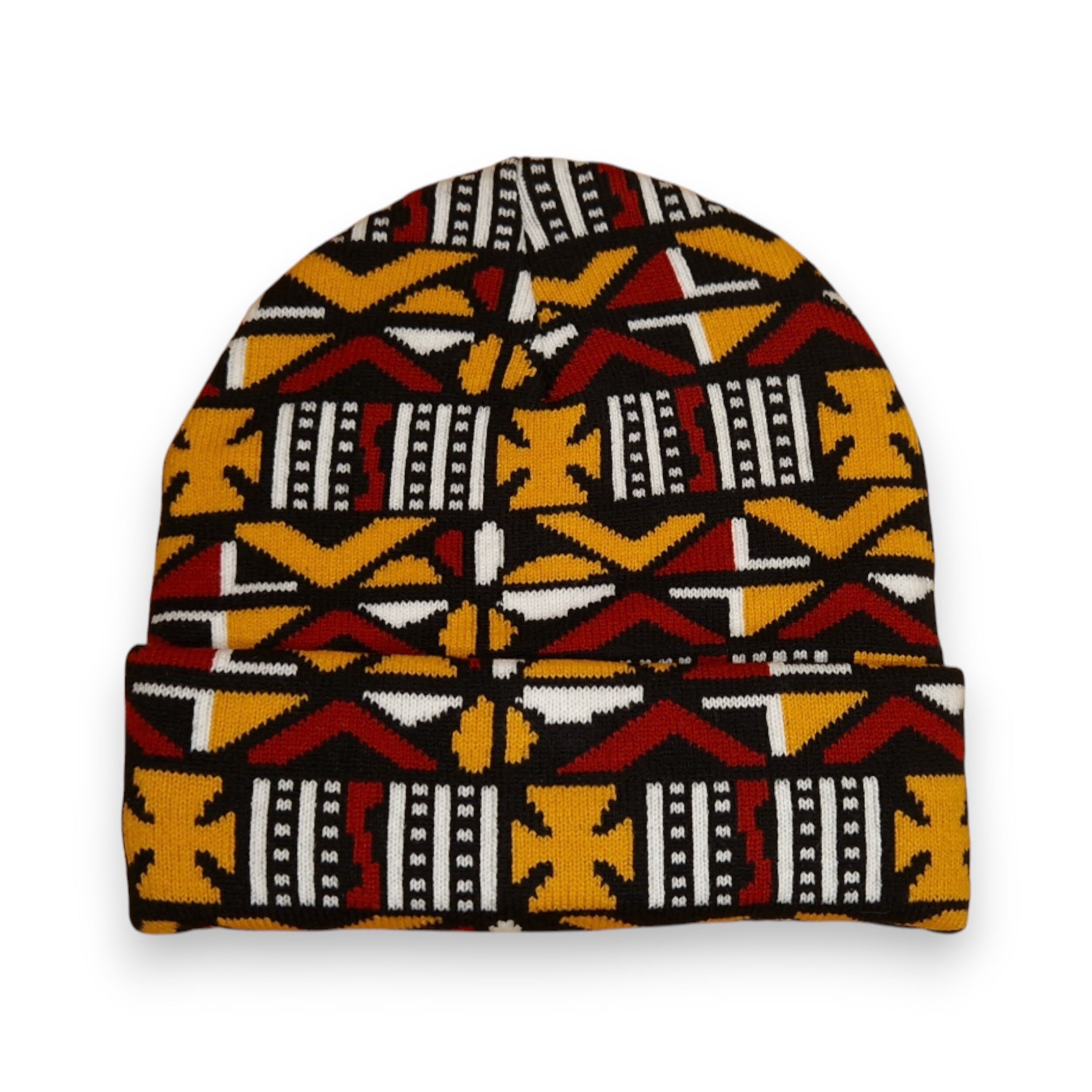Bonnet à imprimé africain / Chapeau d'hiver - Bogolan à croix marron