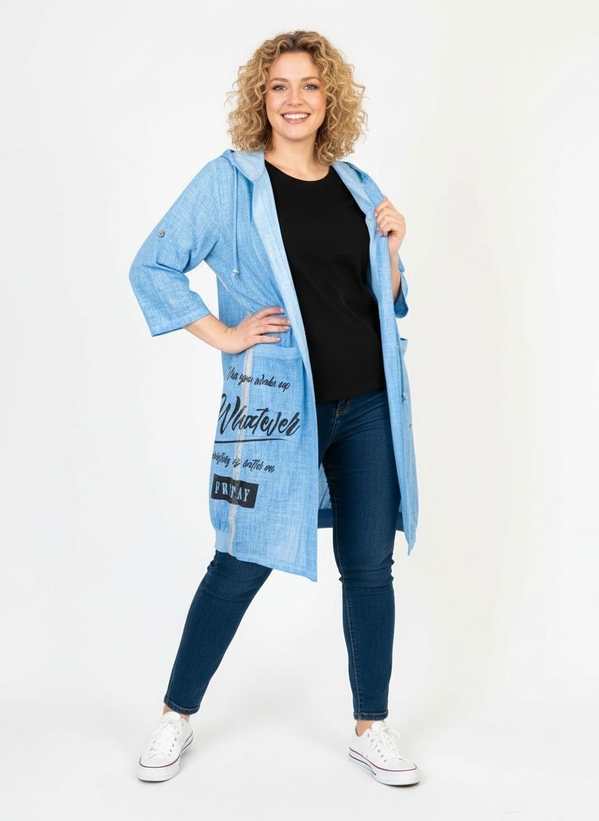 Gilet long bleu clair grande taille avec inscriptions (C8021)