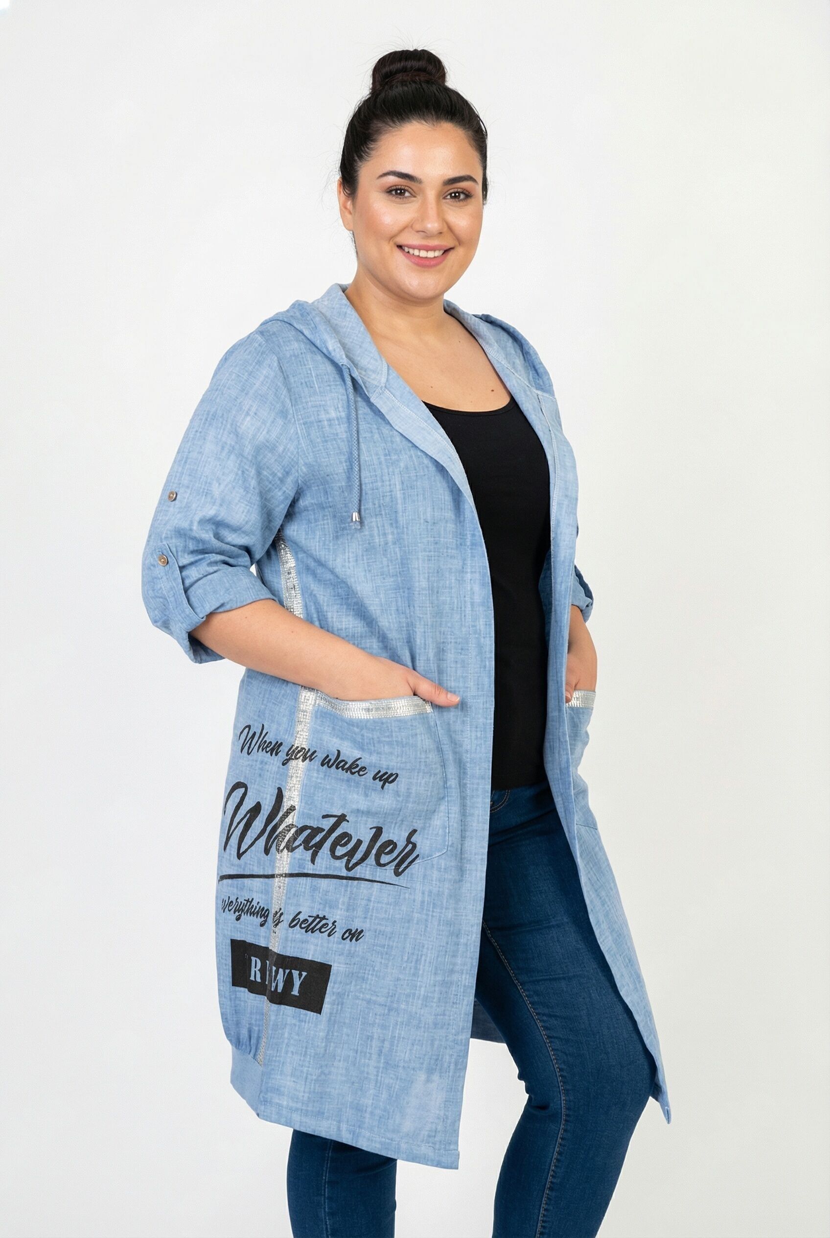 Gilet long bleu grande taille avec inscriptions (C8021)