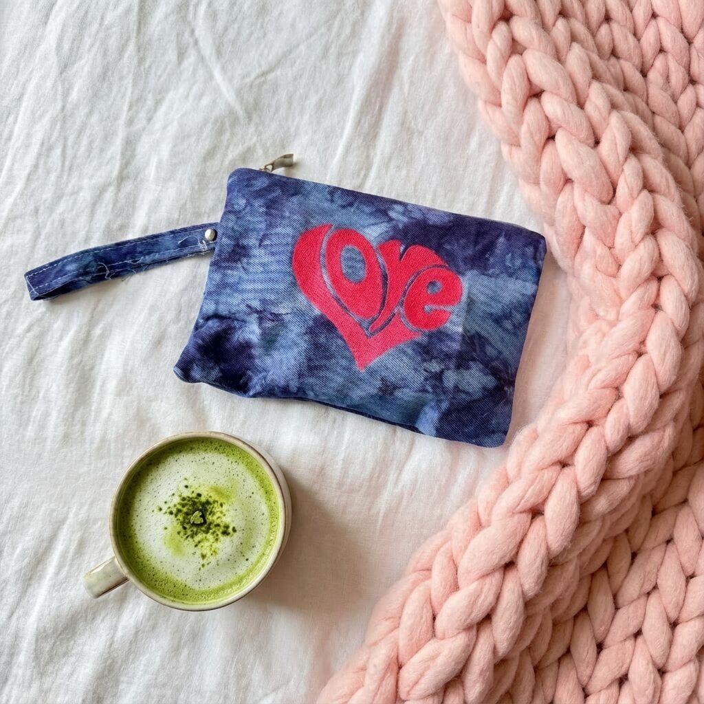 Handmade denim clutch, tie dyed bag, LOVE embroidery