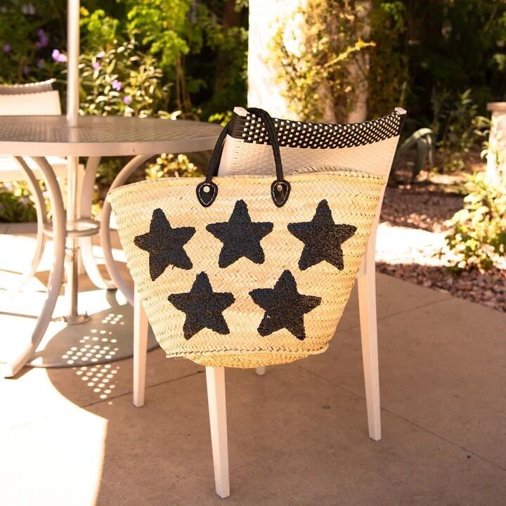 Large Straw Tote – Handcrafted Moroccan Bag with Black Sequin Stars