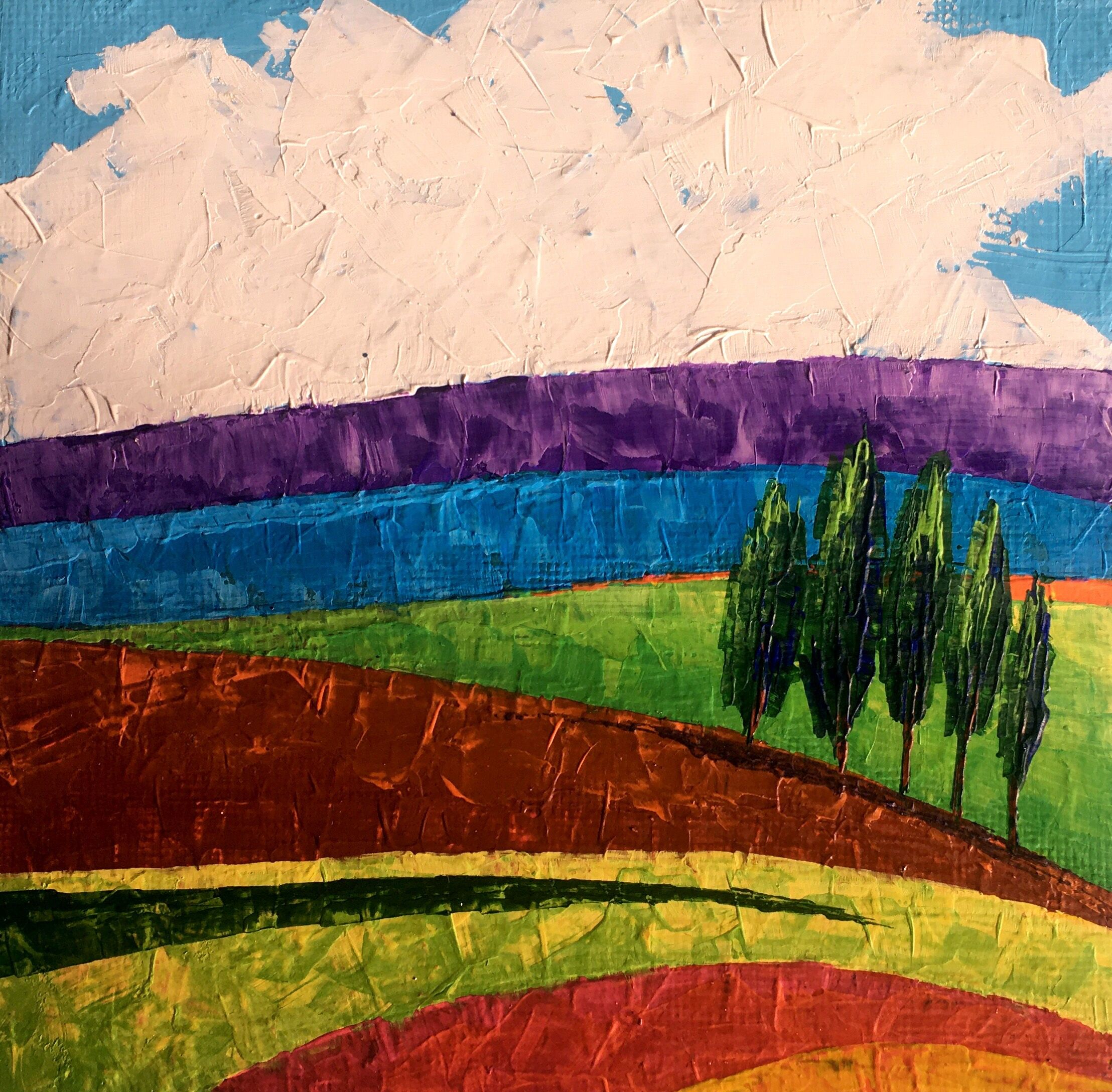 Dipinto ad olio Alberi solitari nei campi Zadorozhnya Vita 20x20cm