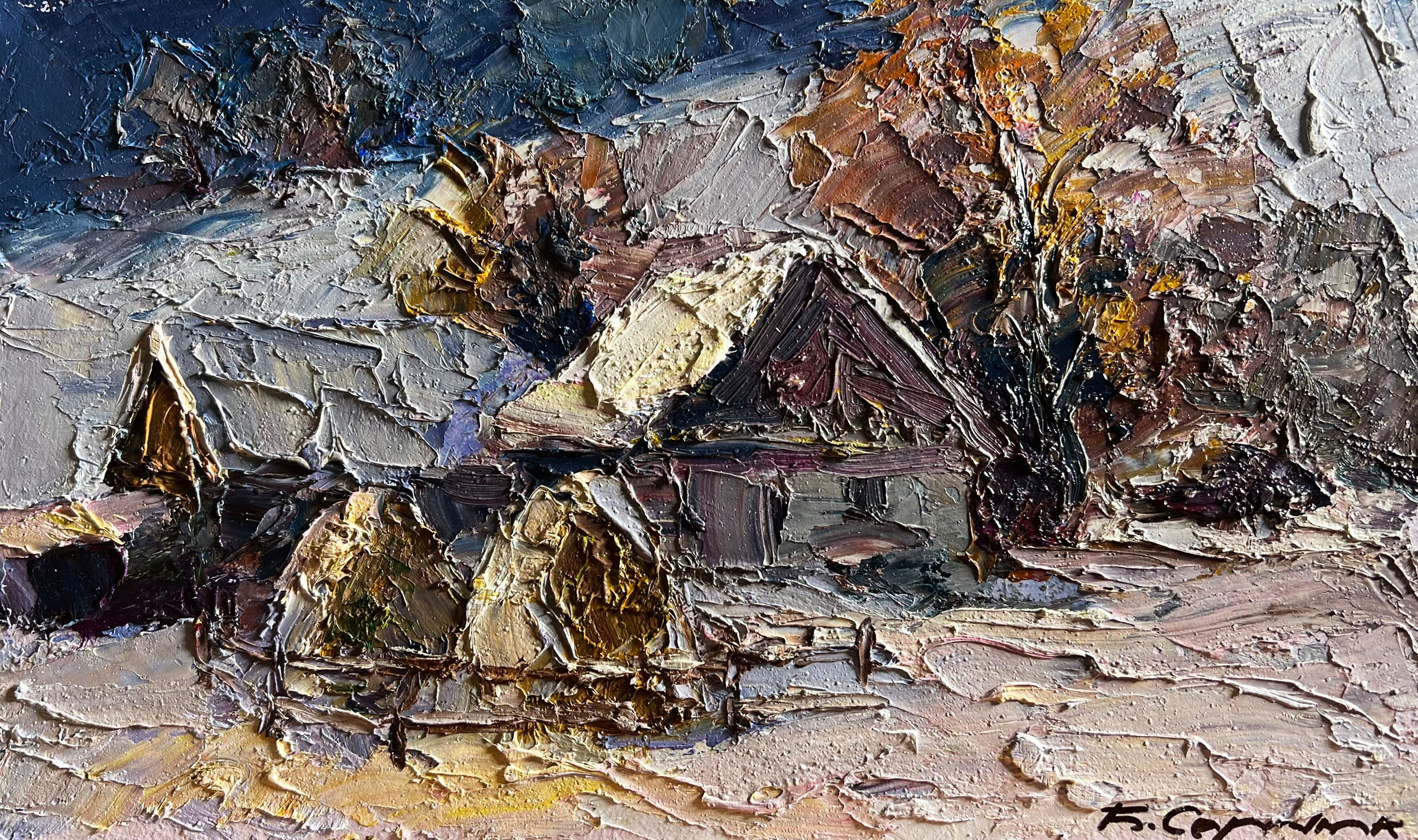 Dipinto ad olio Serata invernale nel villaggio Boris Serdyuk 17x28cm