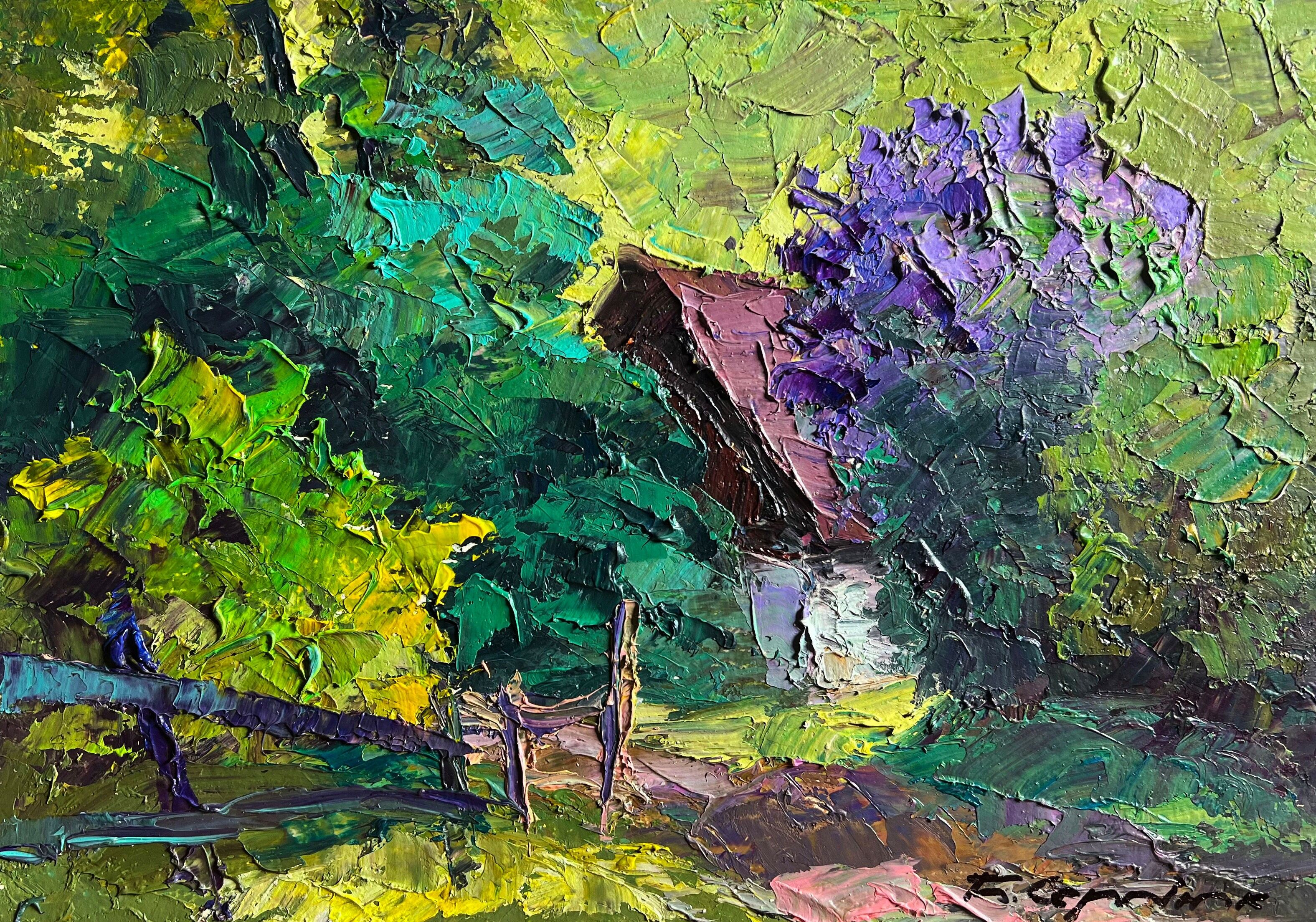 Dipinto ad olio Cespuglio di lillà nel giardino Boris Serdyuk 20x29cm