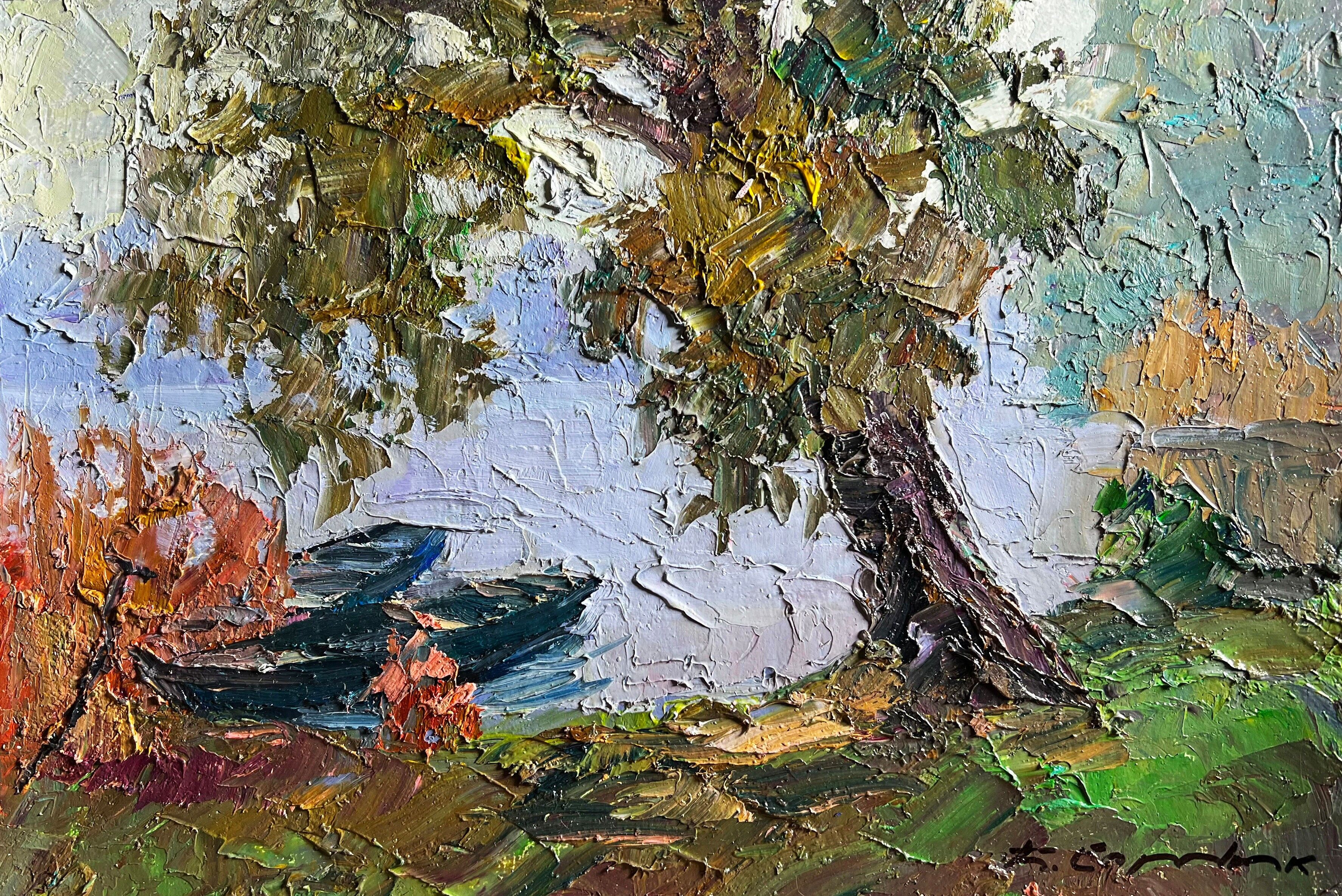 Dipinto ad olio Barche sulla riva Boris Serdyuk 20x30cm