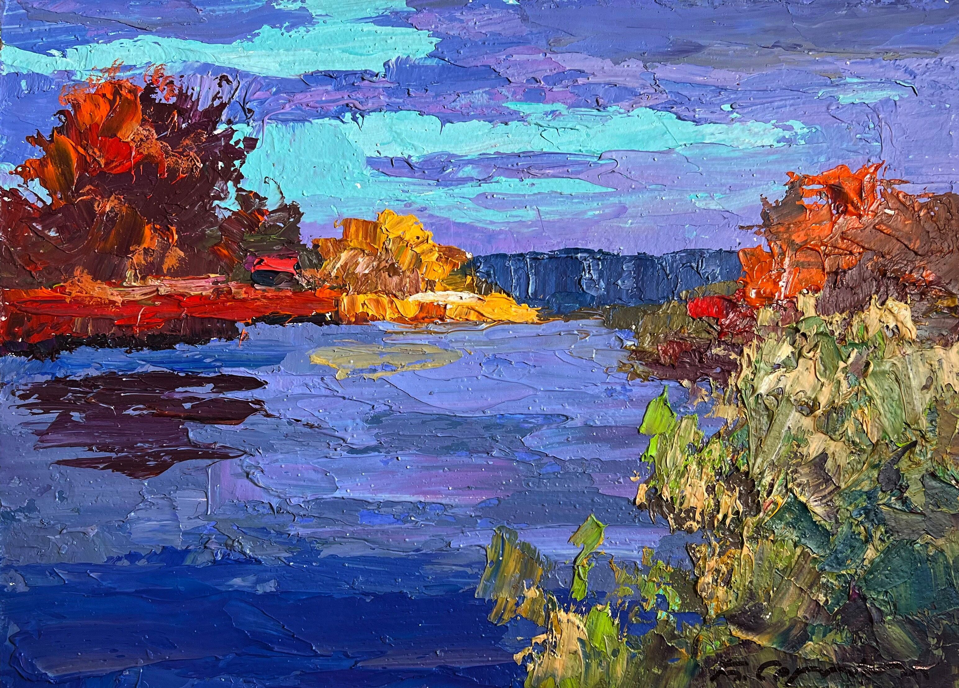 Dipinto ad olio Sera sul fiume Boris Serdyuk 20x28cm