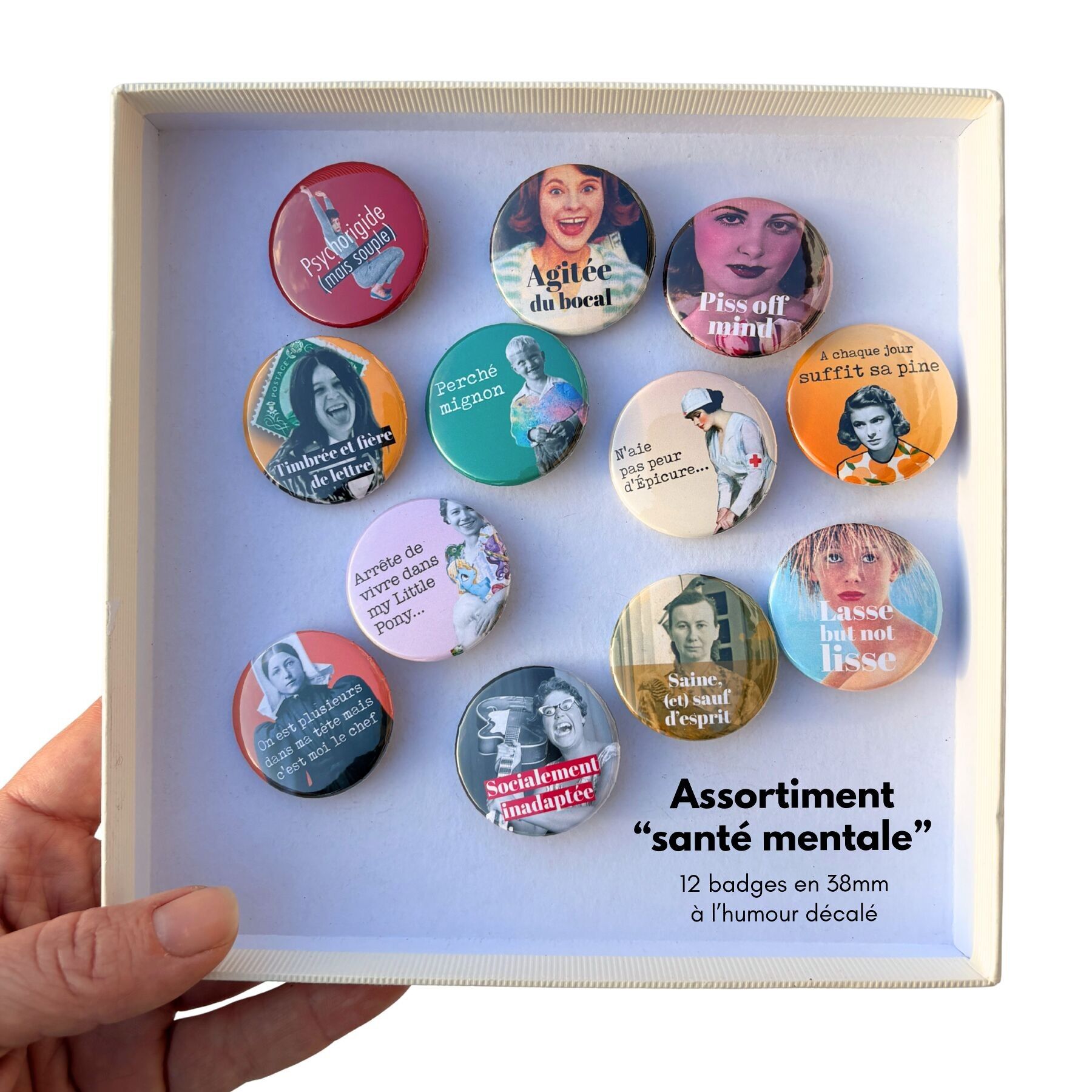 Sortiment mit 12 Anstecknadeln (38 mm) – Thema „Psychische Gesundheit“