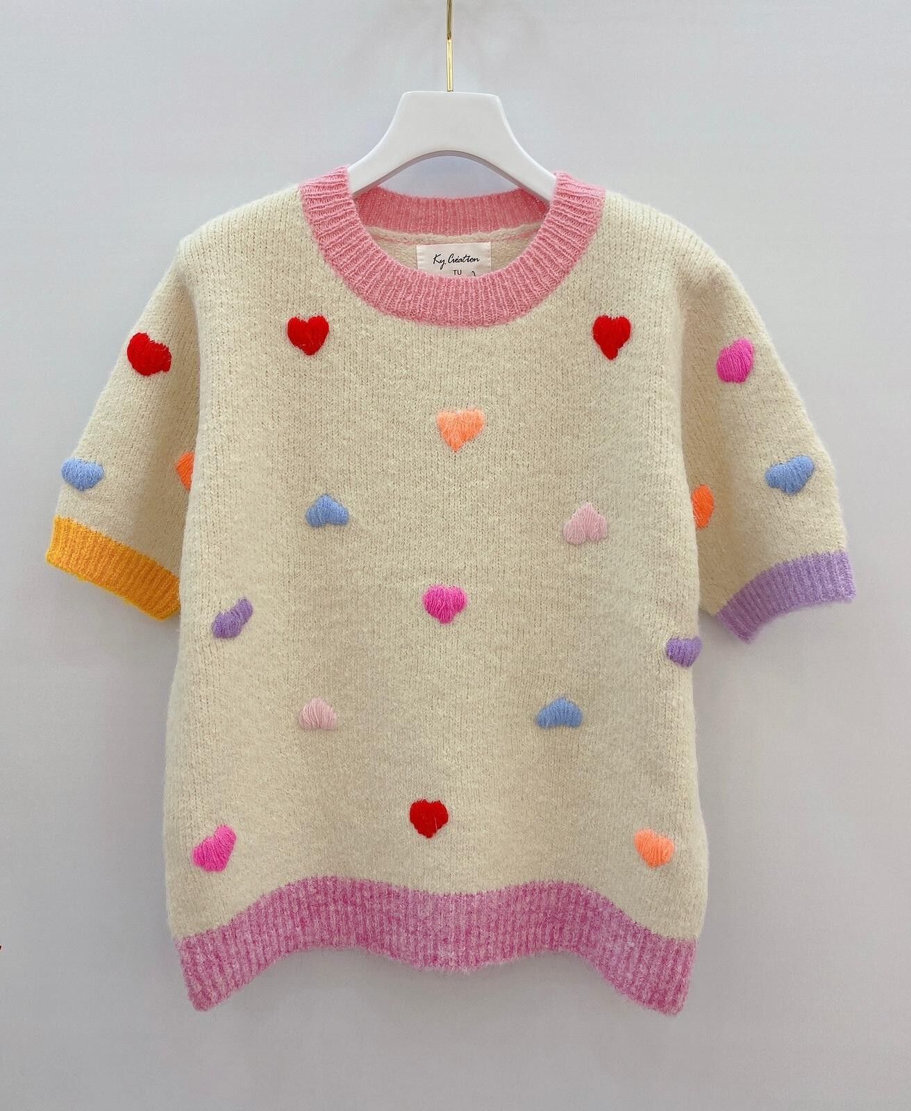 Multicolor Heart Short Sleeve Sweater
