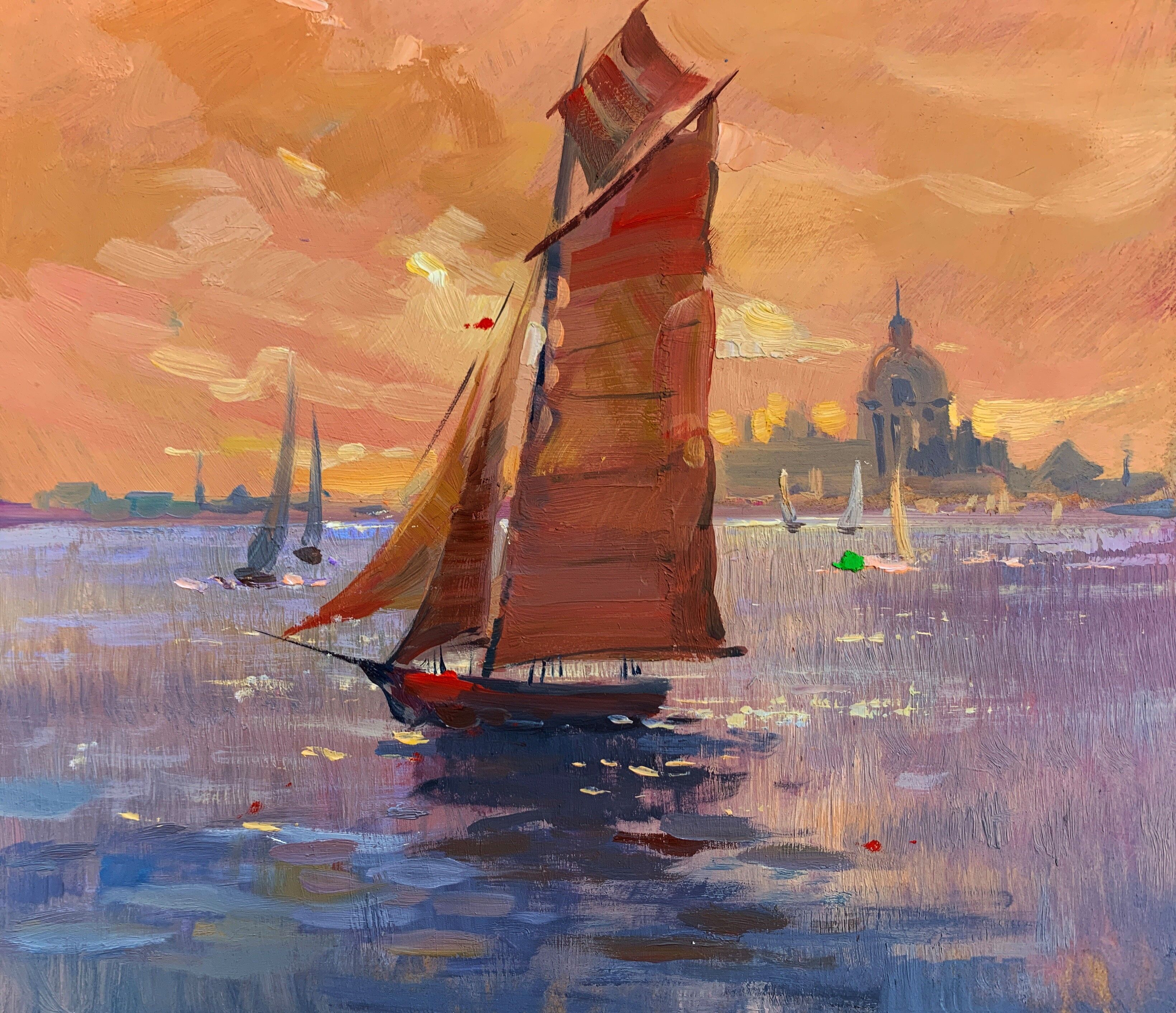 Cuadro al óleo Tarde navegando en un velero en el mar Yuriy Suprunchuk 21x24cm