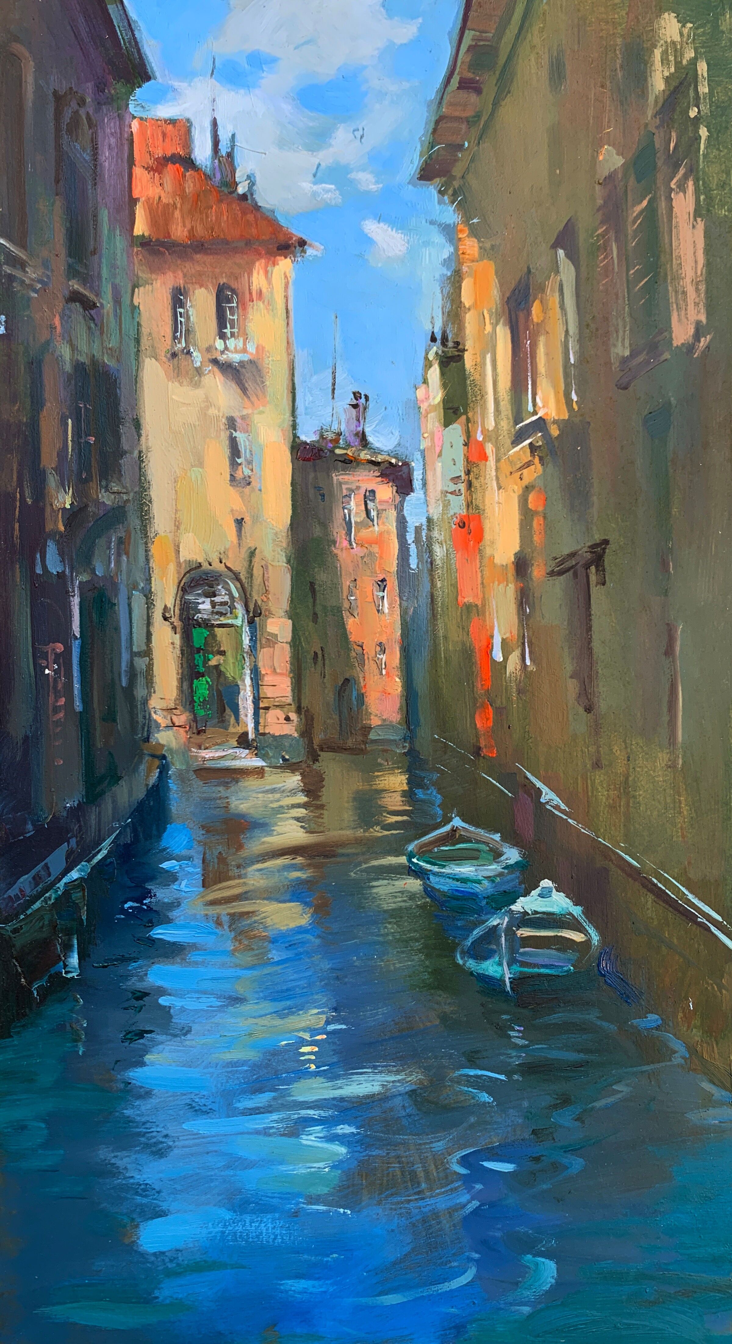Pintura al óleo En barcos por las calles de la ciudad Yuriy Suprunchuk 41x23cm