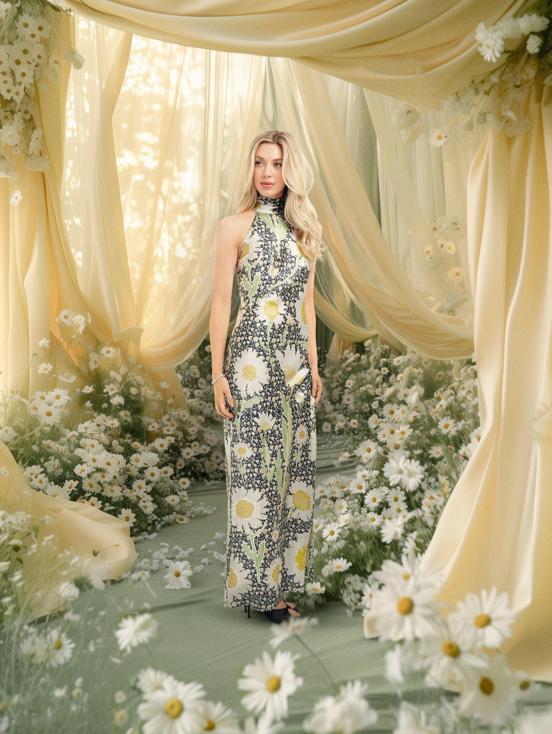 Robe maxi à col montant / Motif « Marguerites »