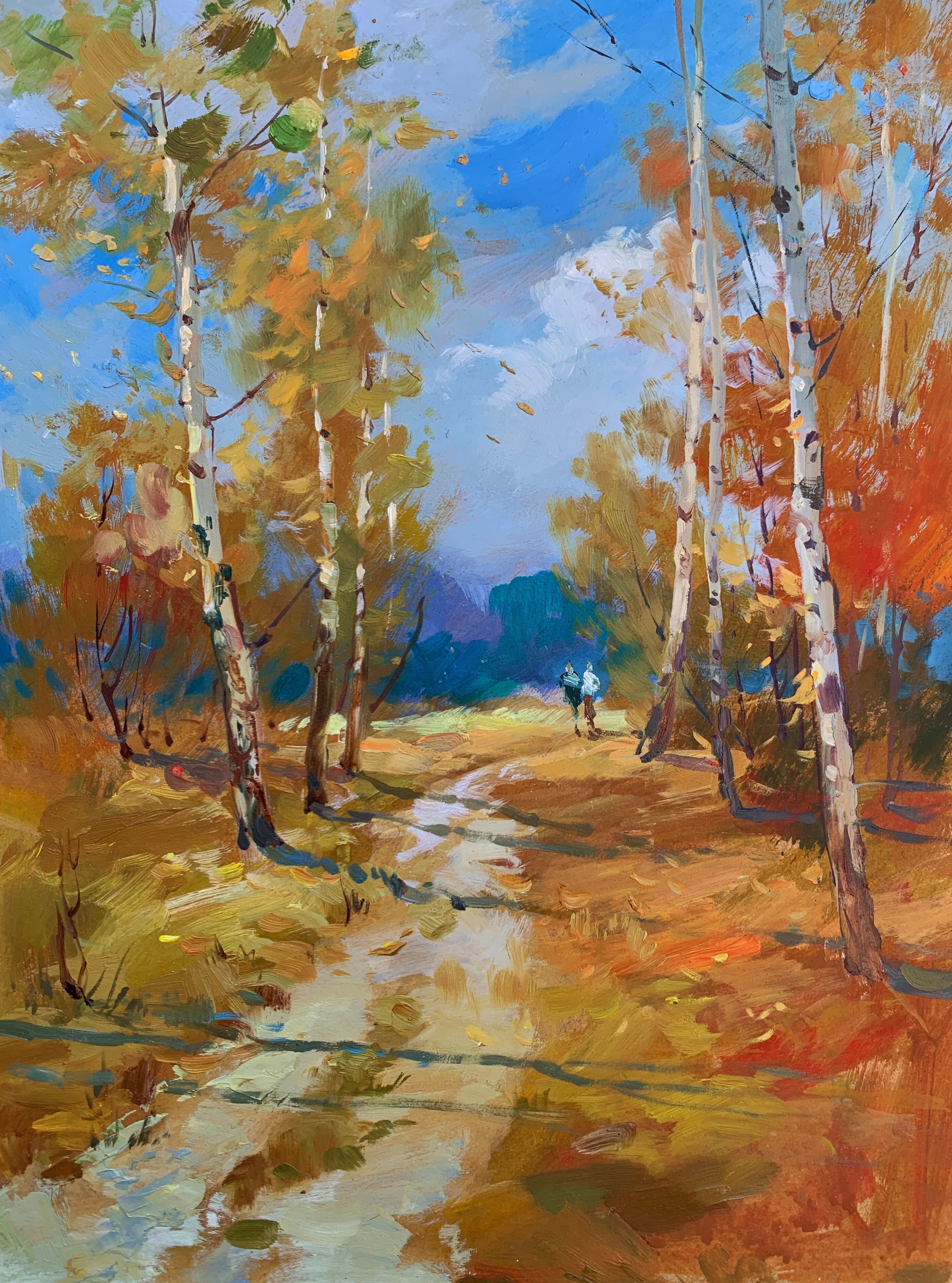 Pintura al óleo "Corriendo por el bosque otoñal" de Yuri Suprunchuk, 40 x 30 cm.