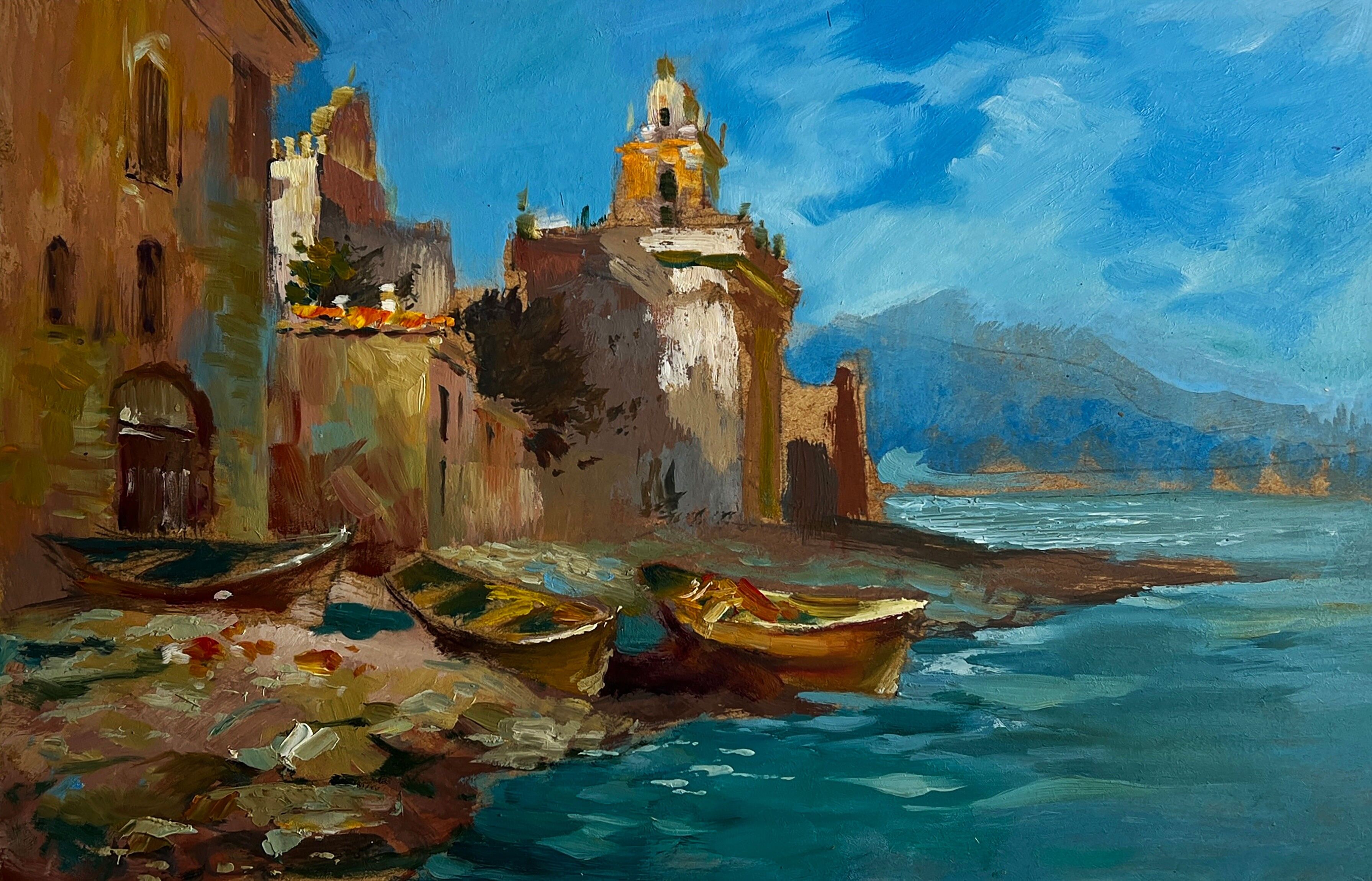 Dipinto a olio Barche cittadine in riva al mare Yuriy Suprunchuk 20x30cm