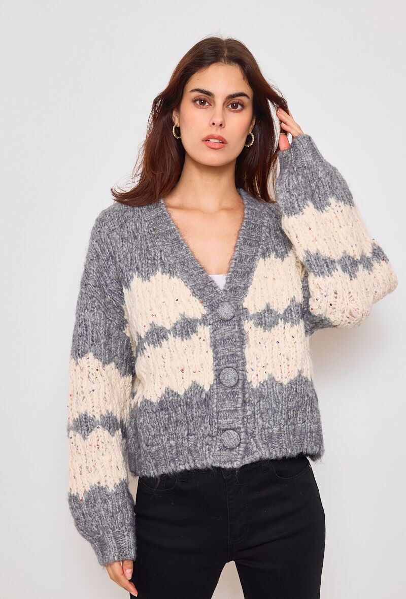 Grobstrick-Cardigan mit zweifarbigen Pailletten