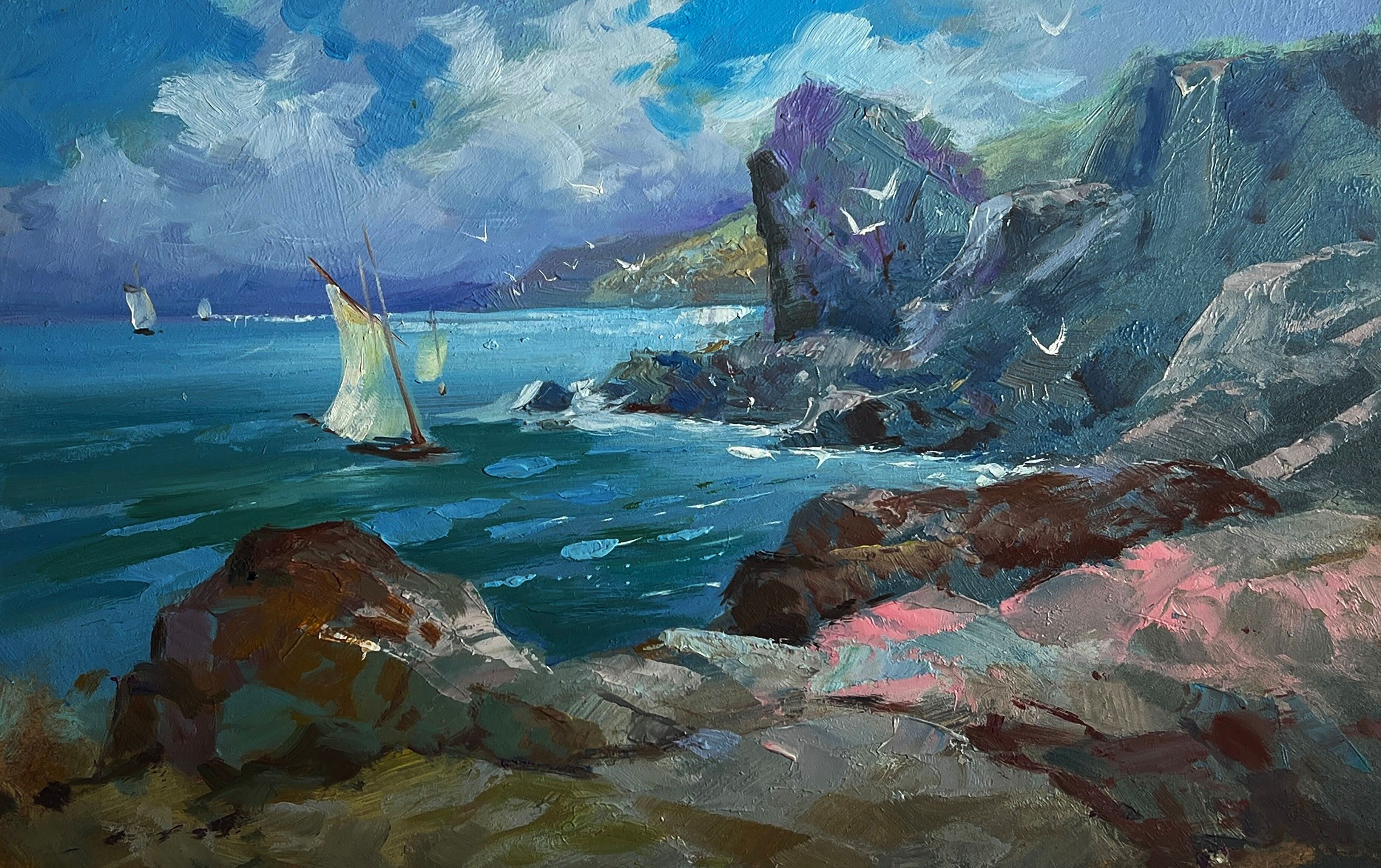 Dipinto ad olio Gabbiani e costa rocciosa nel mare Yuriy Suprunchuk 20x30cm