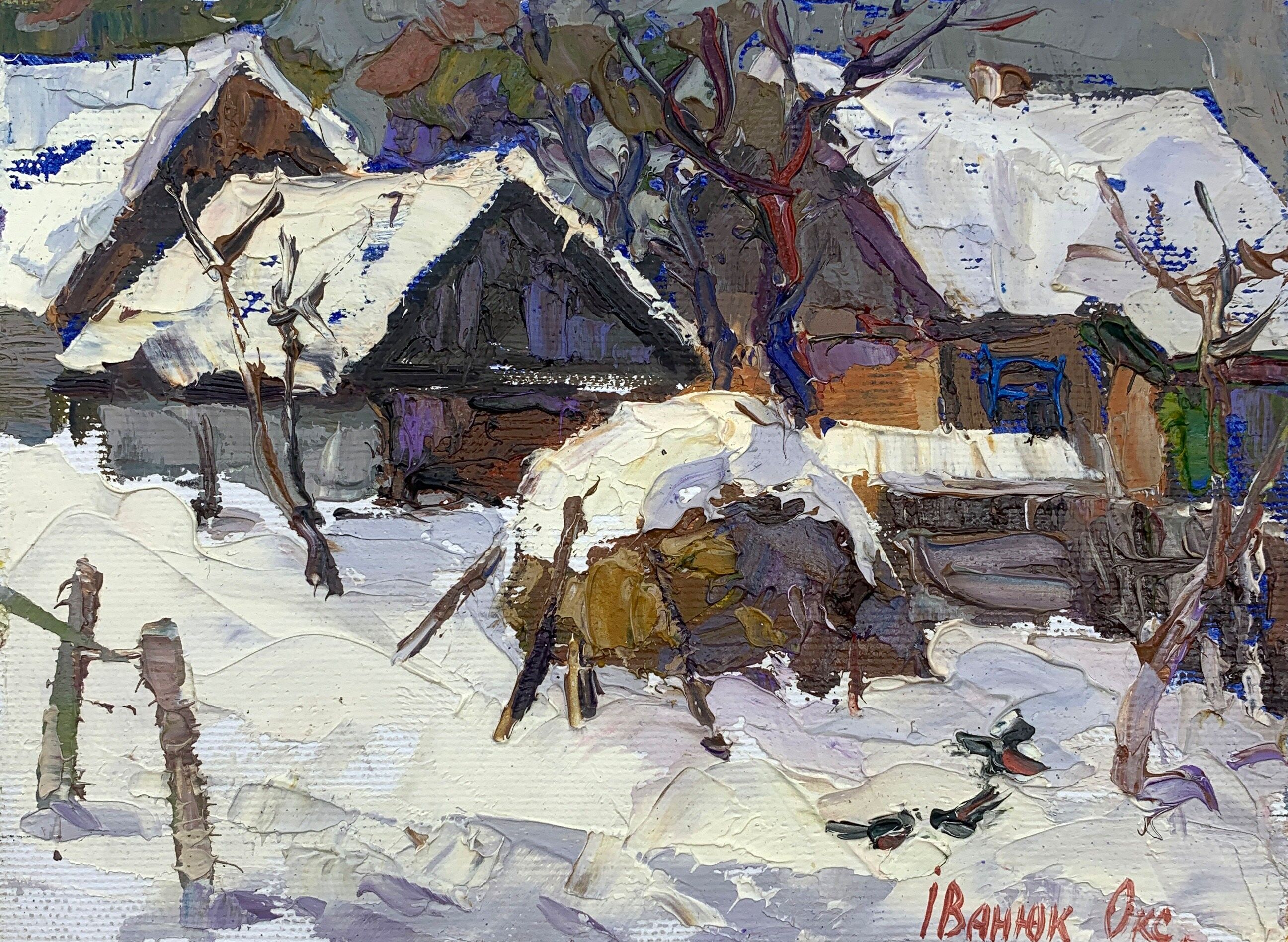 Peinture à l'huile « Cour d'hiver » d'Oksana Ivanyuk, 15 x 20 cm