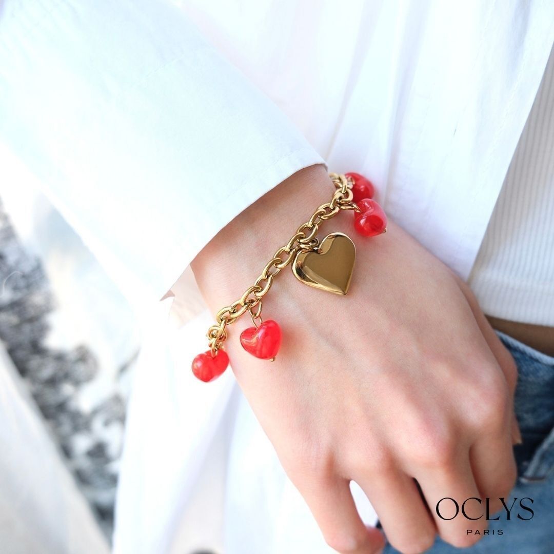 Valentine's Day Special - Gold-tone Stainless Steel Resin Heart Charm Bracelet