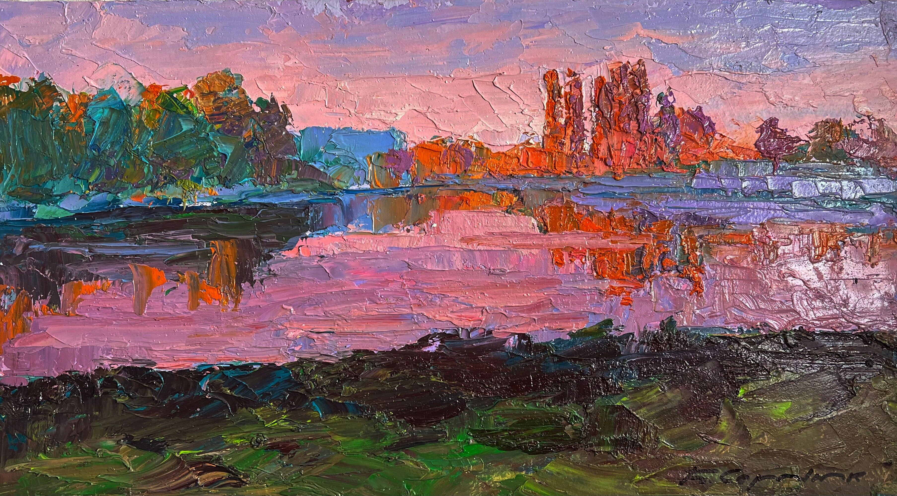 Dipinto a olio Sera sul fiume Boris Serdyuk 19x35cm