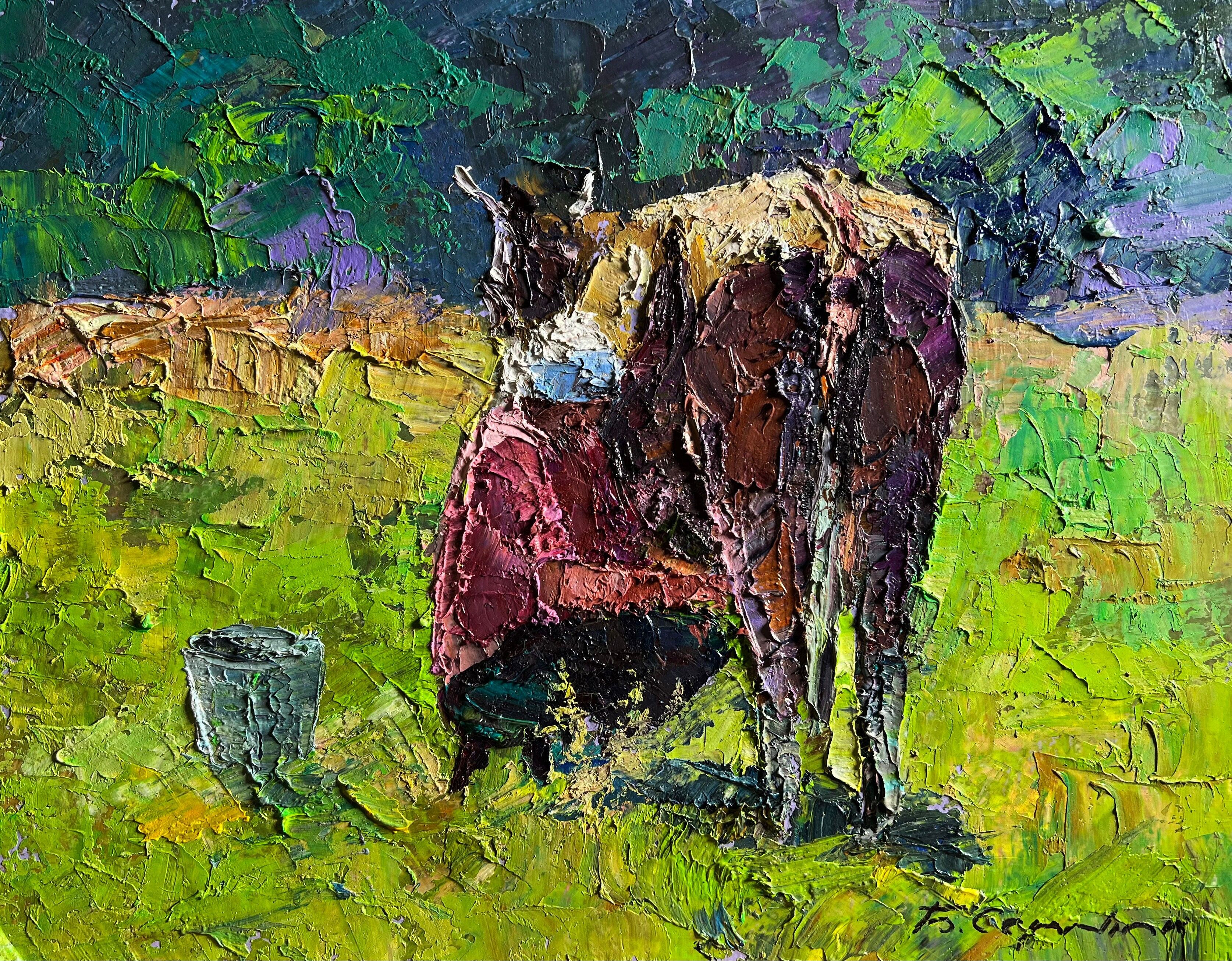 Dipinto ad olio Pranzo mungitura Boris Serdyuk 23x30cm
