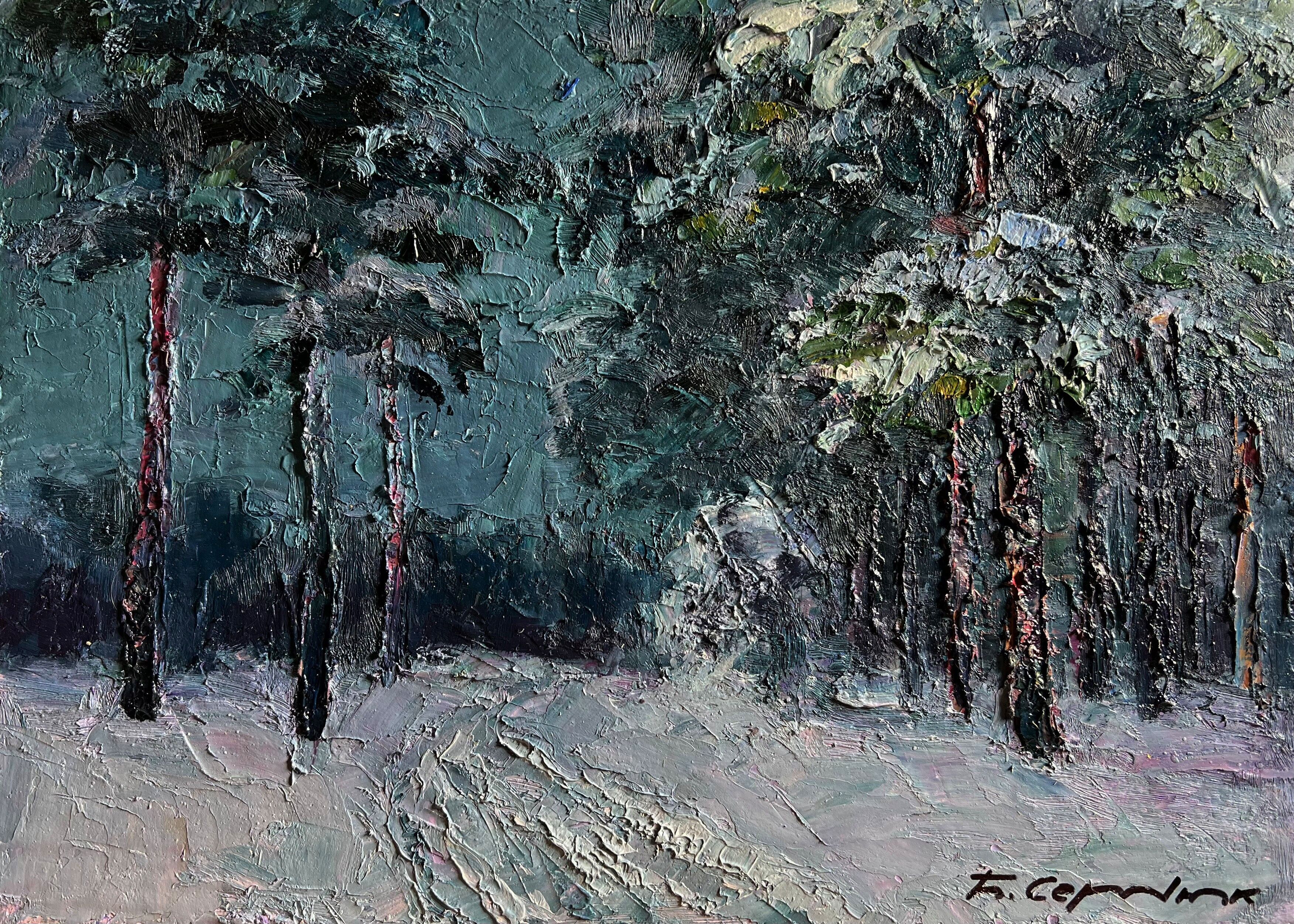 Dipinto a olio Sentiero invernale nella foresta Boris Serdyuk 21x29cm