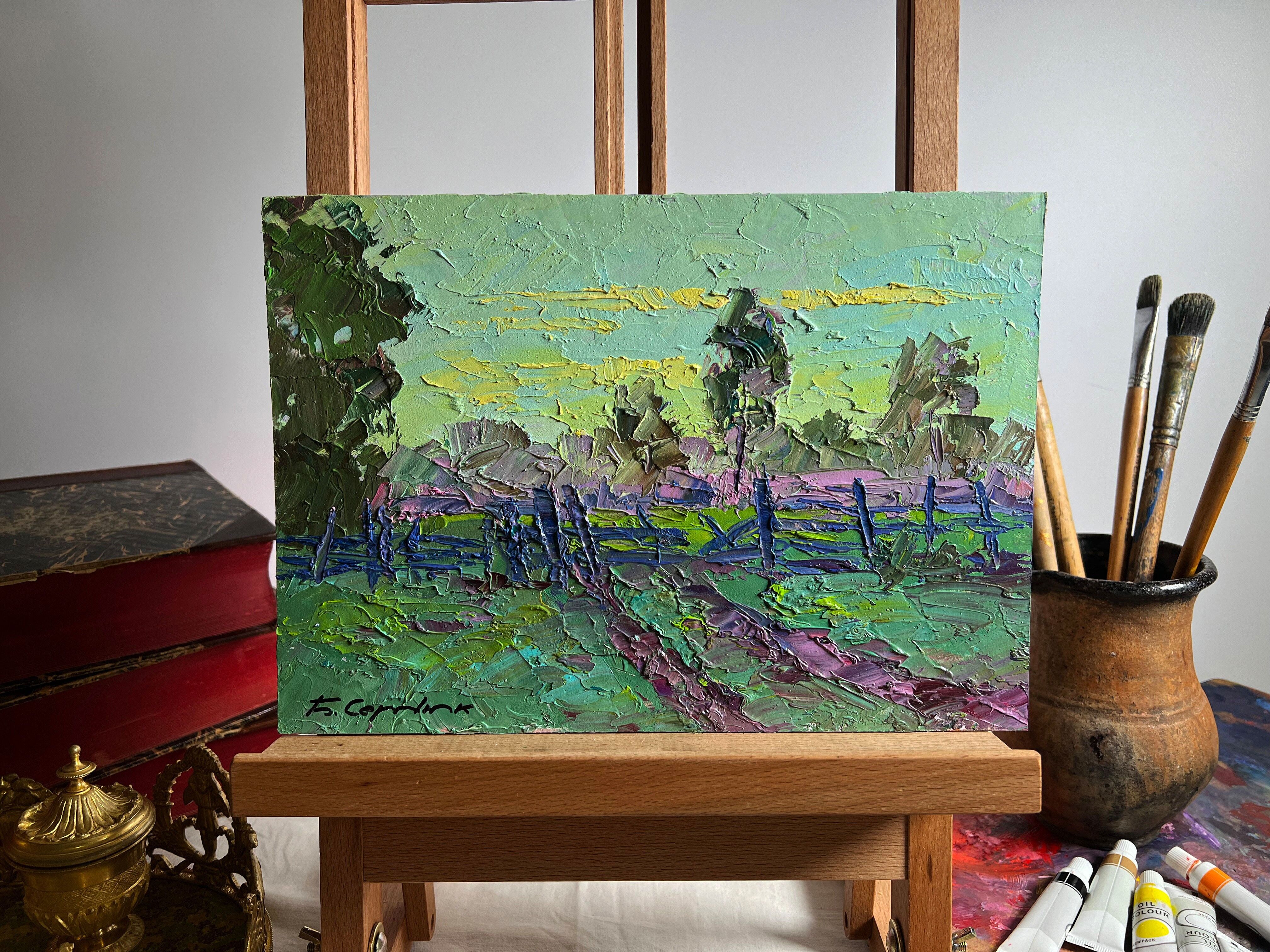 Dipinto a olio Si sta facendo buio nel campo Boris Serdyuk 21x29cm