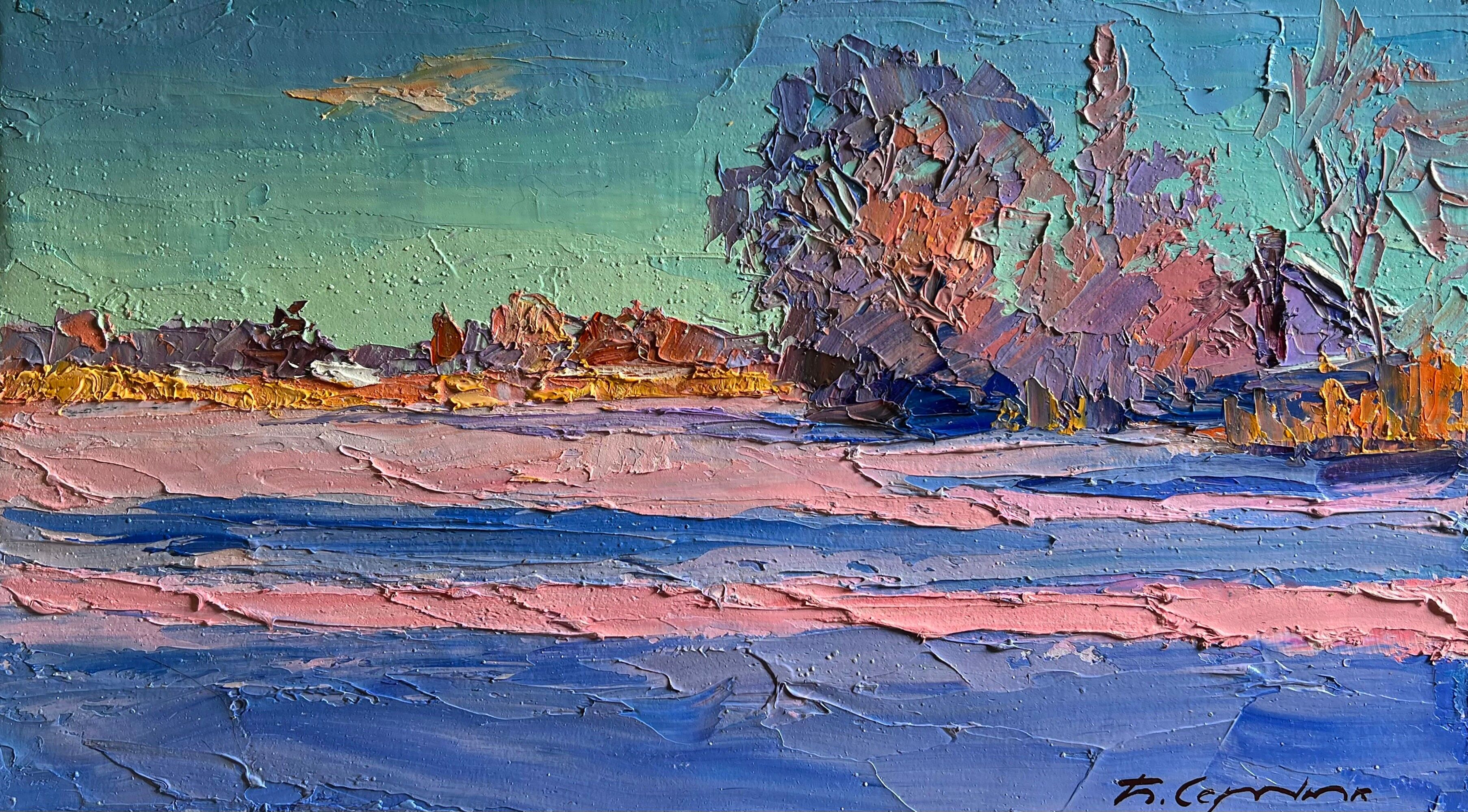 Dipinto ad olio Mattina rosa in inverno Boris Serdyuk 20x36cm