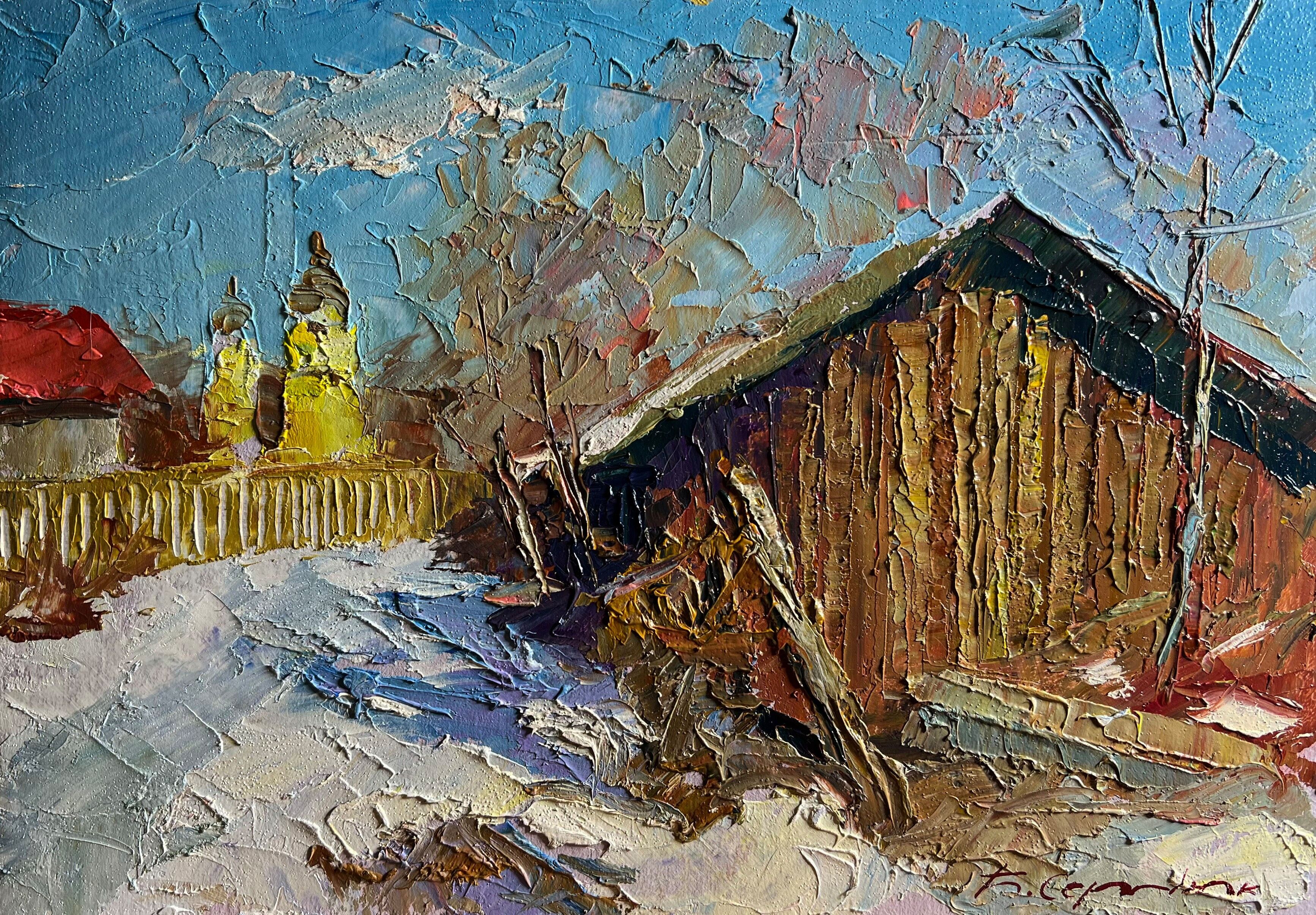 Dipinto ad olio Ha nevicato in città Boris Serdyuk 21x30cm