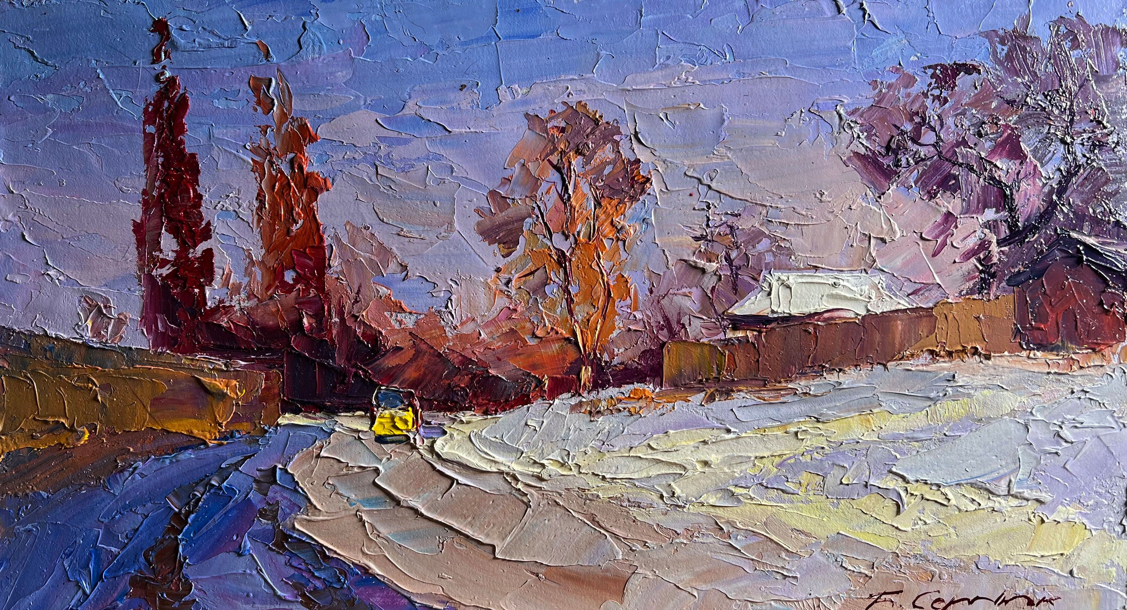 Dipinto ad olio La strada era coperta di neve Boris Serdyuk 20x35cm