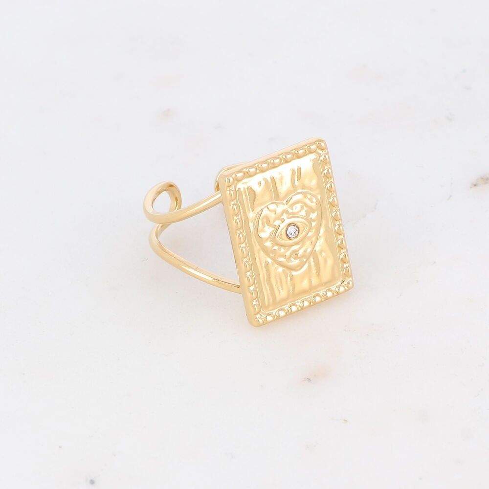 Ring with rectangular piece, heart and rhinestone