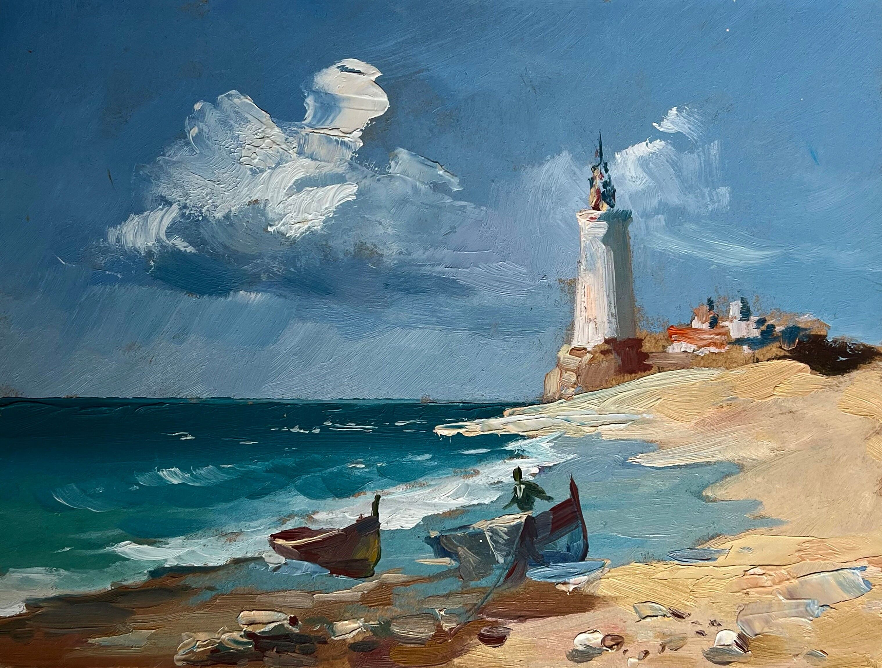Dipinto ad olio Barche al faro Yuriy Suprunchuk 15x20cm