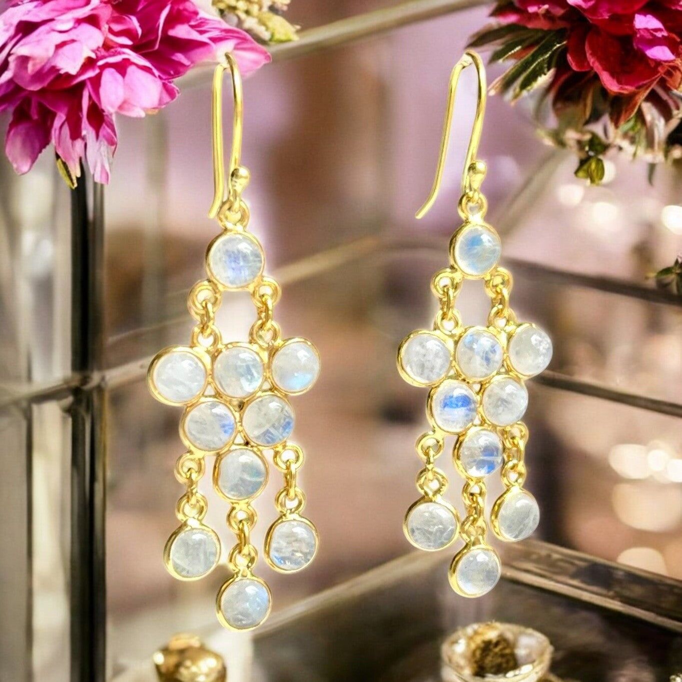 "SEYCHELLES" earrings, natural stone, moonstone, silver, gold plated