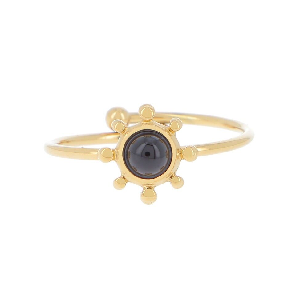 Gold ring with small beads and an onyx stone