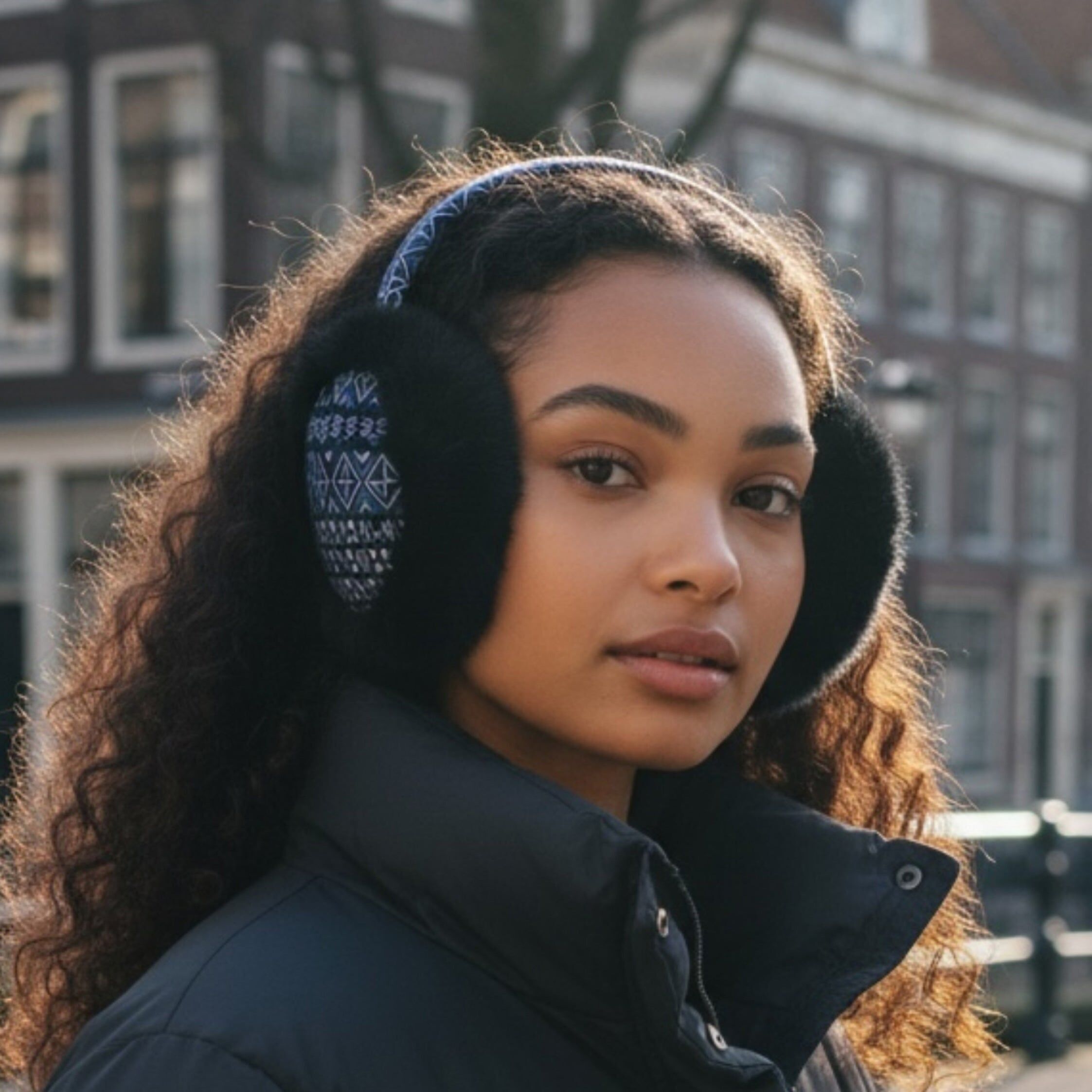 Cache-oreilles imprimé africain - Cache-oreilles d'hiver pliables - Bleu Bogolan