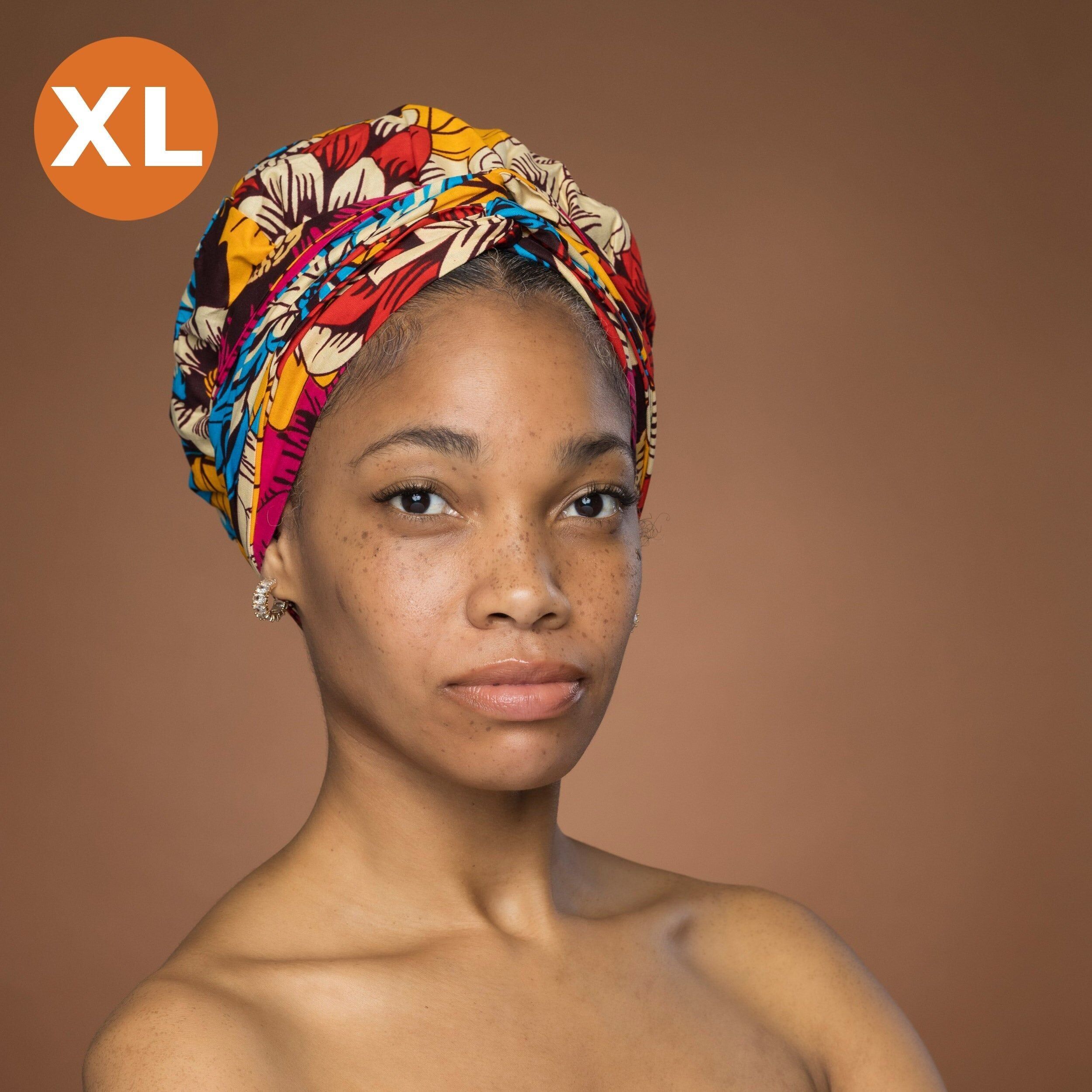 Bonnet XL facile à coiffer - Bonnet doublé de satin - Fleurs rouges et bleues