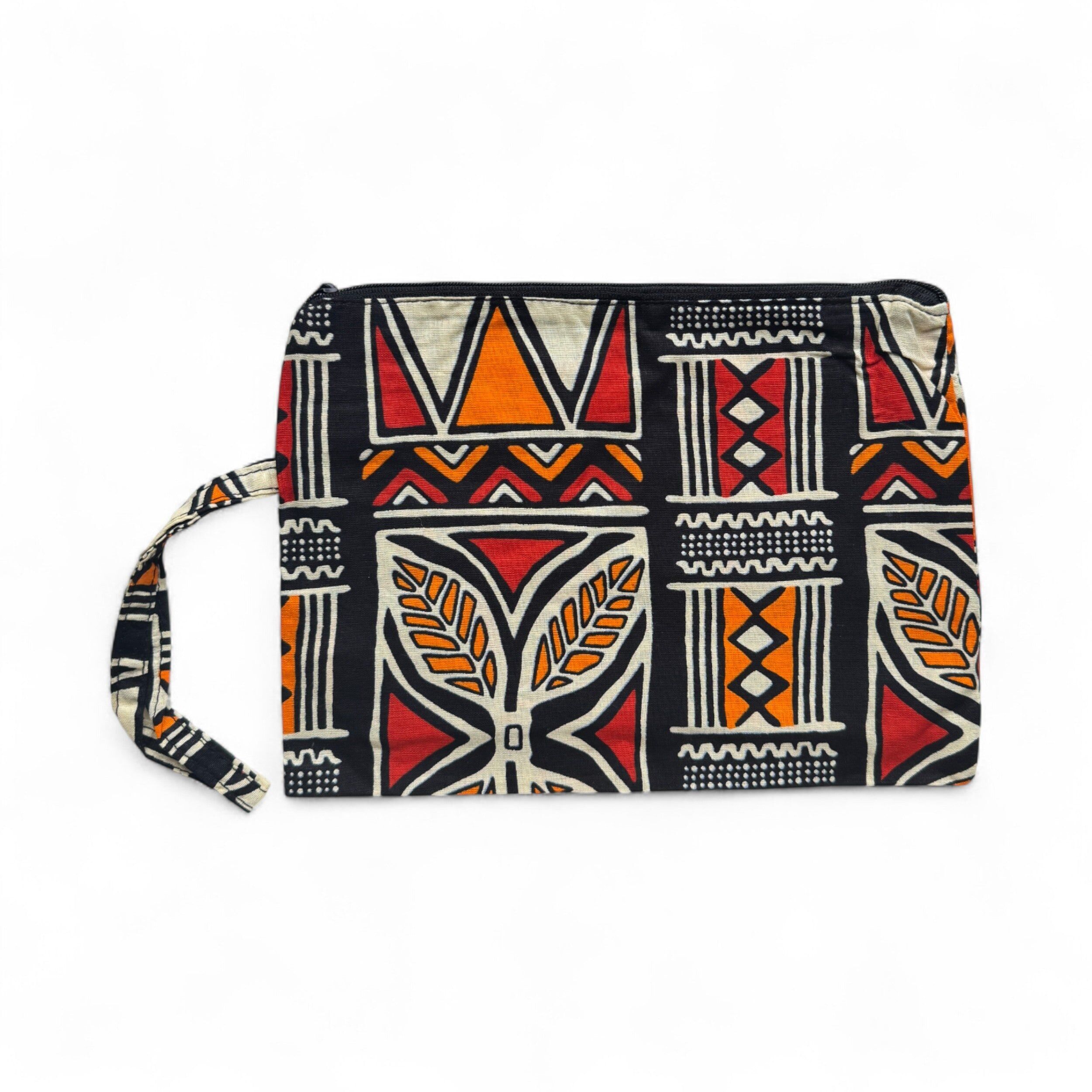 Trousse à maquillage / Trousse à crayons / Sac cosmétique / Porte-monnaie à motifs africains - Symboles Bogolan rouges et oranges