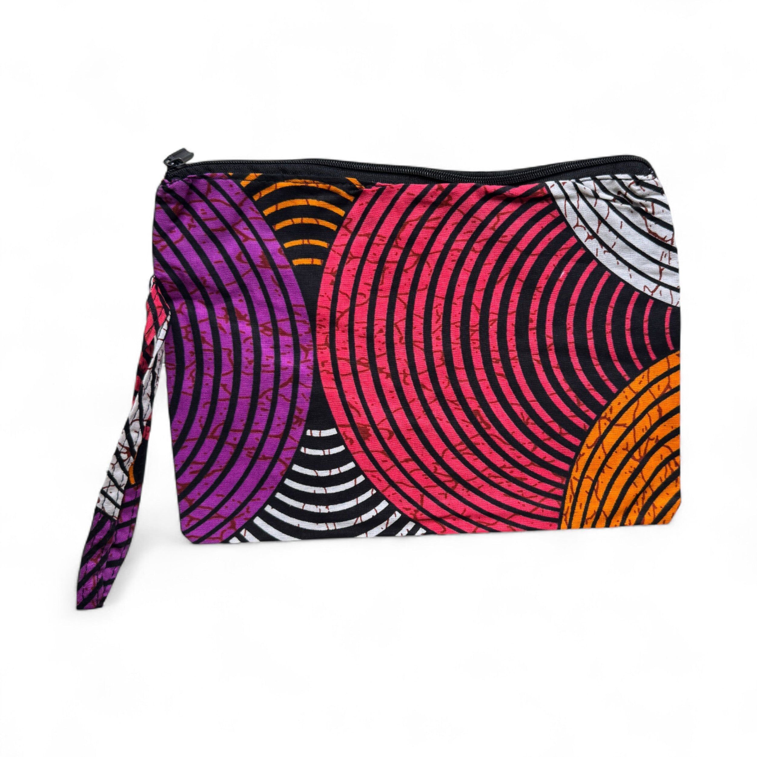 Trousse à maquillage / Trousse à crayons / Sac cosmétique / Porte-monnaie à motif africain - Cercle concentrique orange et violet