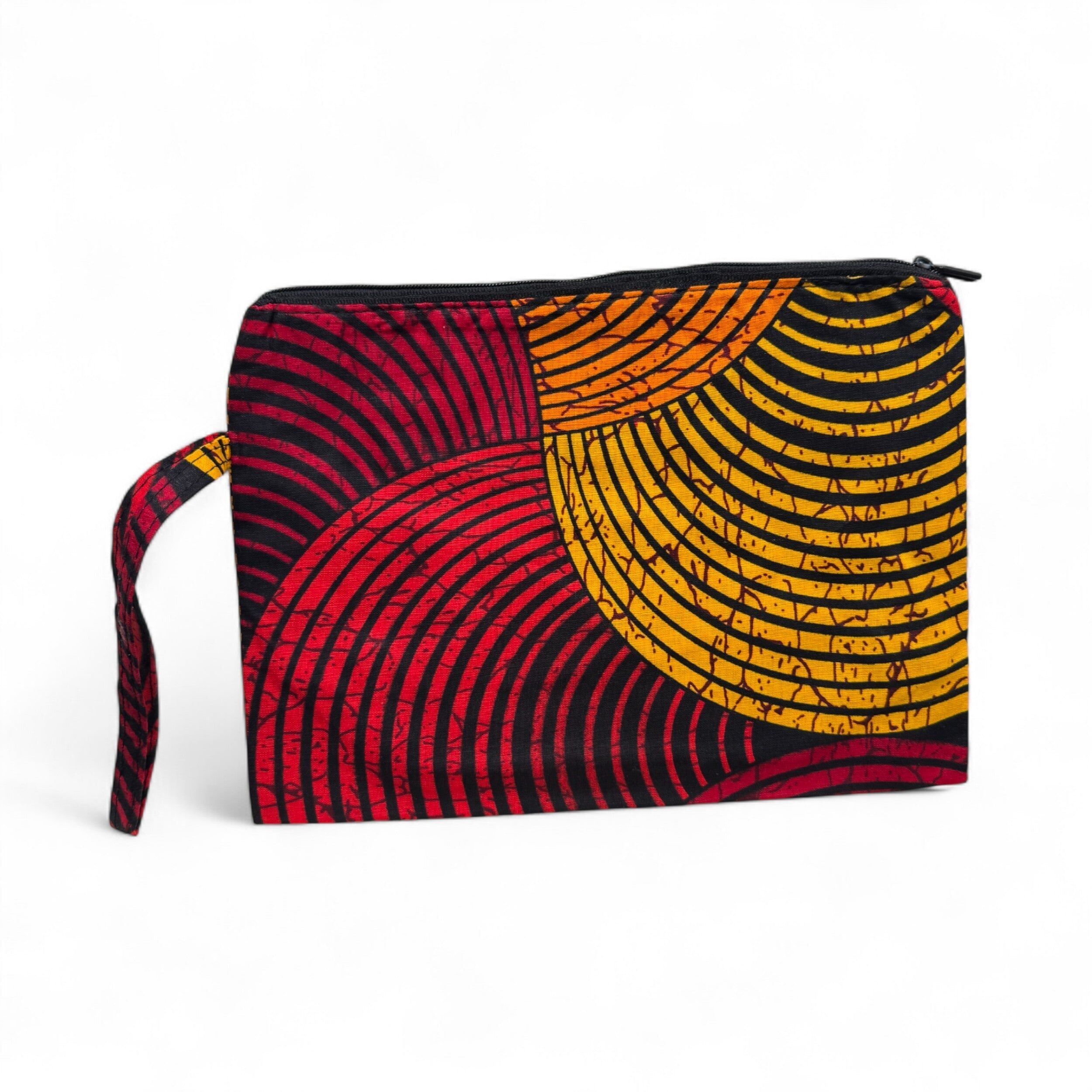 Trousse à maquillage / Étui à crayons / Sac cosmétique / Porte-monnaie à motif africain - Cercles concentriques rouges et jaunes
