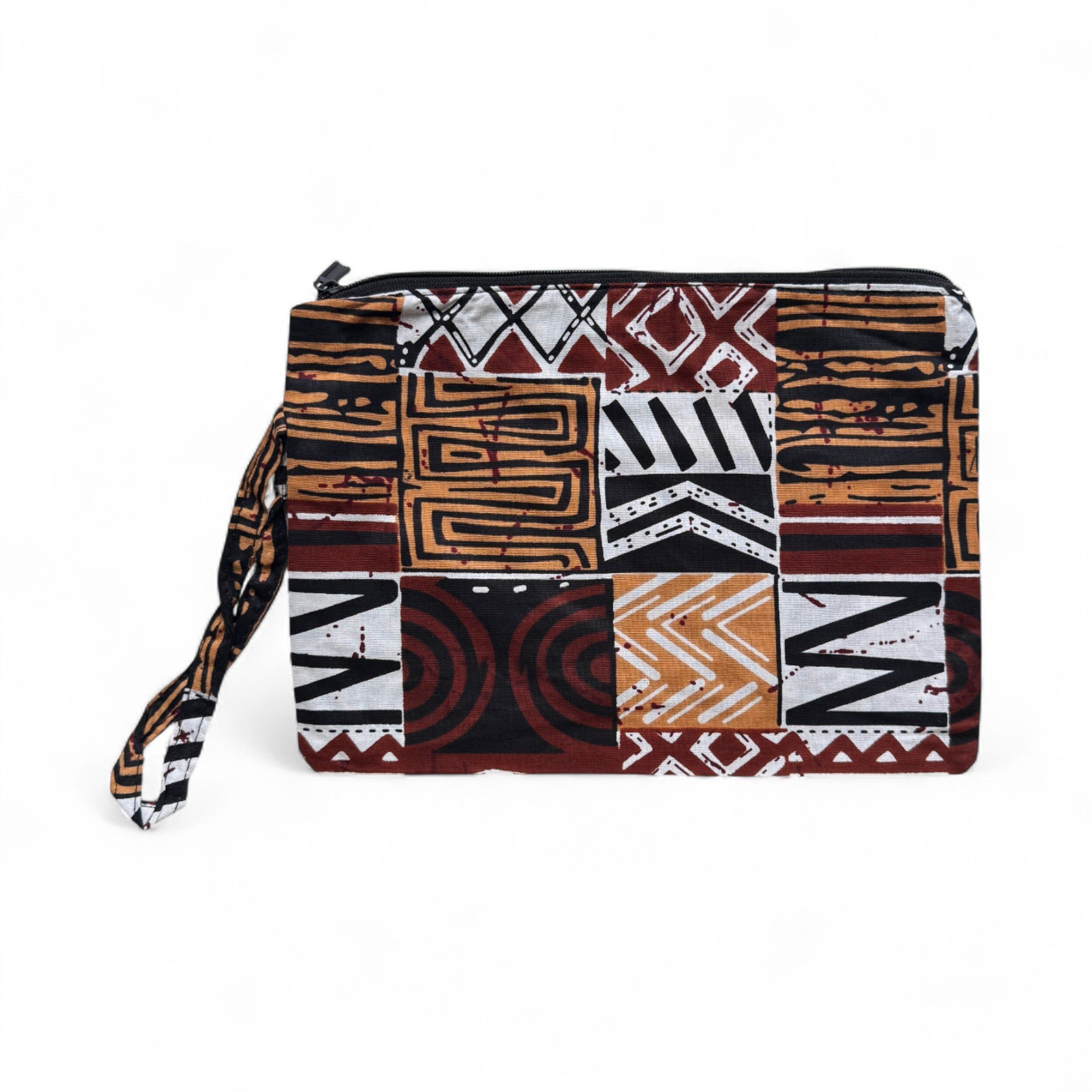 Trousse à maquillage / Trousse à crayons / Sac cosmétique / Porte-monnaie à motif africain - Mosaïque Bogolan marron